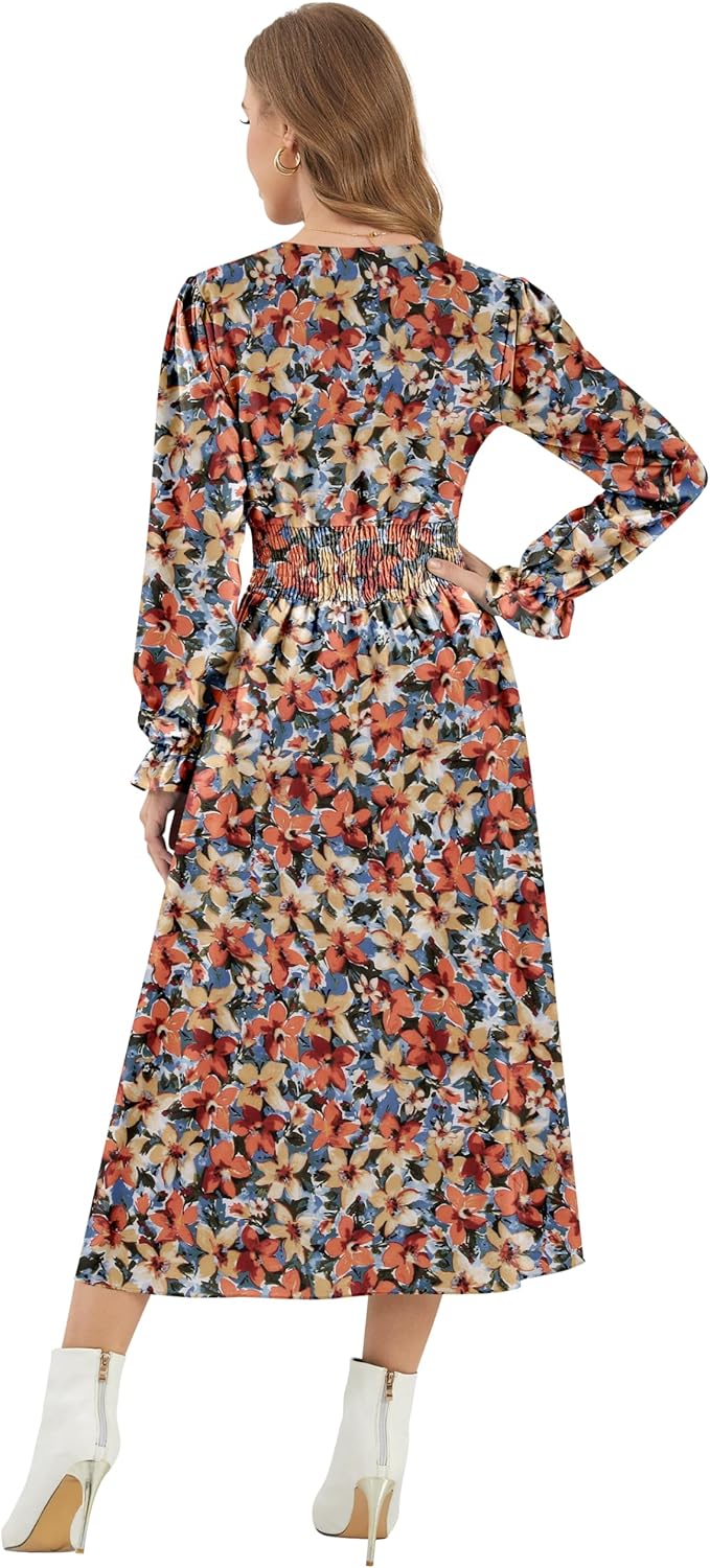 CYiNu Womens Floral Long Sleeve Midi Dress Deep V Neck Elastic Waist Boho Floral Dress for Women - Image 5