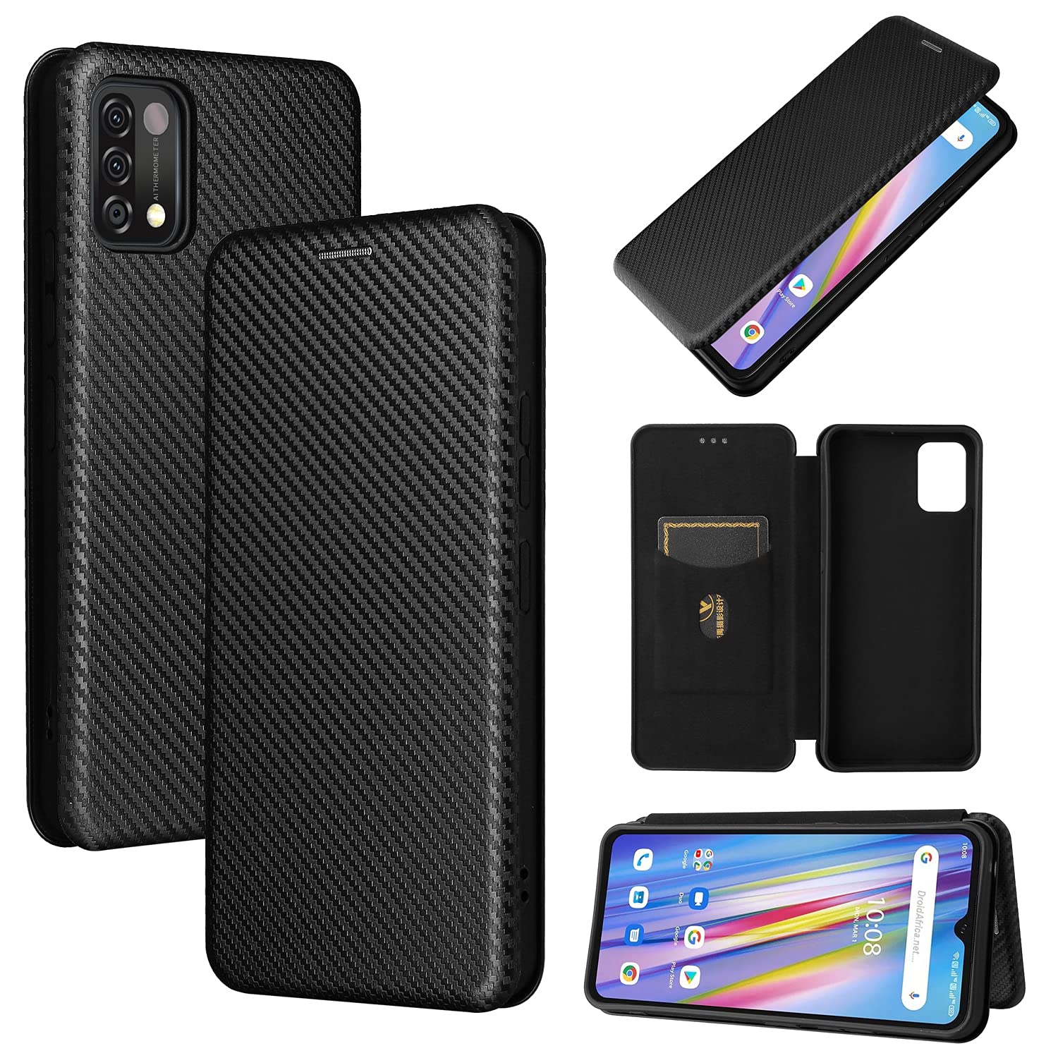 Compatible with UMIDIGI A11 Carbon Fiber Flip Full Protection Cover Case Flip Case Carbon Fiber PU + TPU Hybrid Case Shockproof Wallet Case Cover with Strap