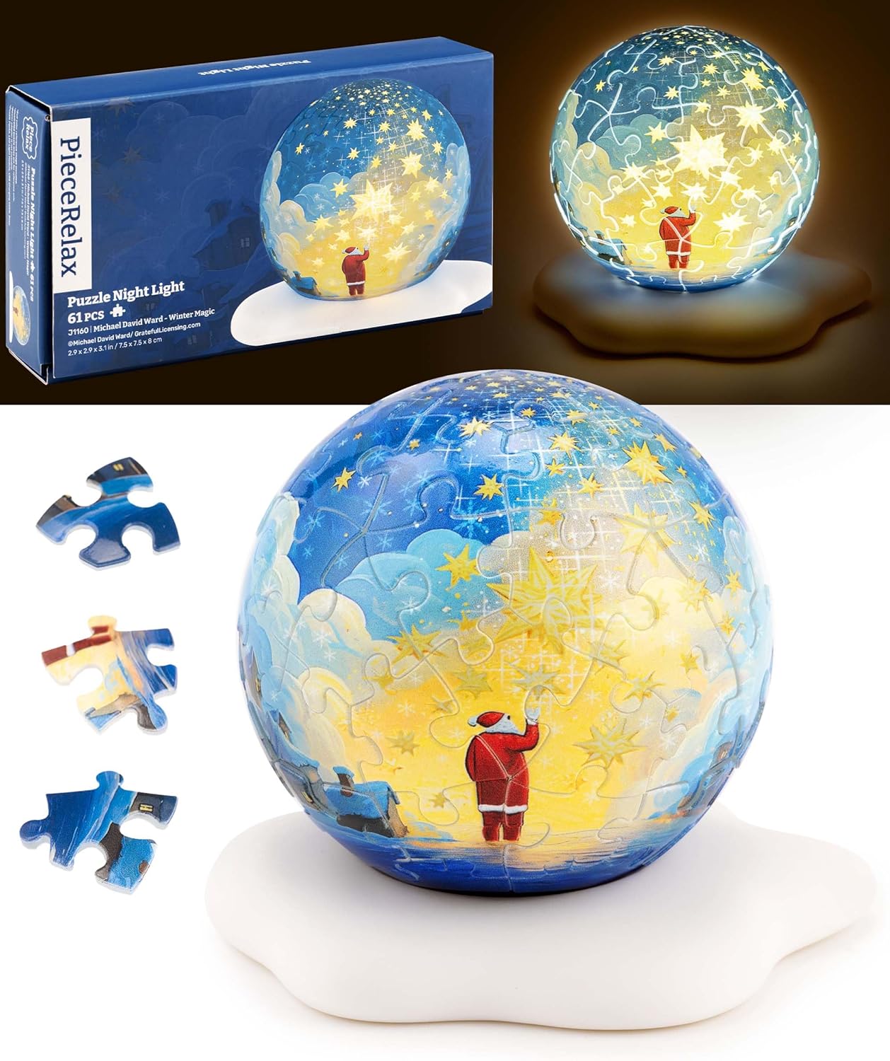PieceRelax 3D Plastic Puzzle Sphere Light 3-inch for Adults 60 Piece - Michael David Ward - Winter Magic Unique Home Décor with Curved Plastic Puzzle Pieces [J1160]