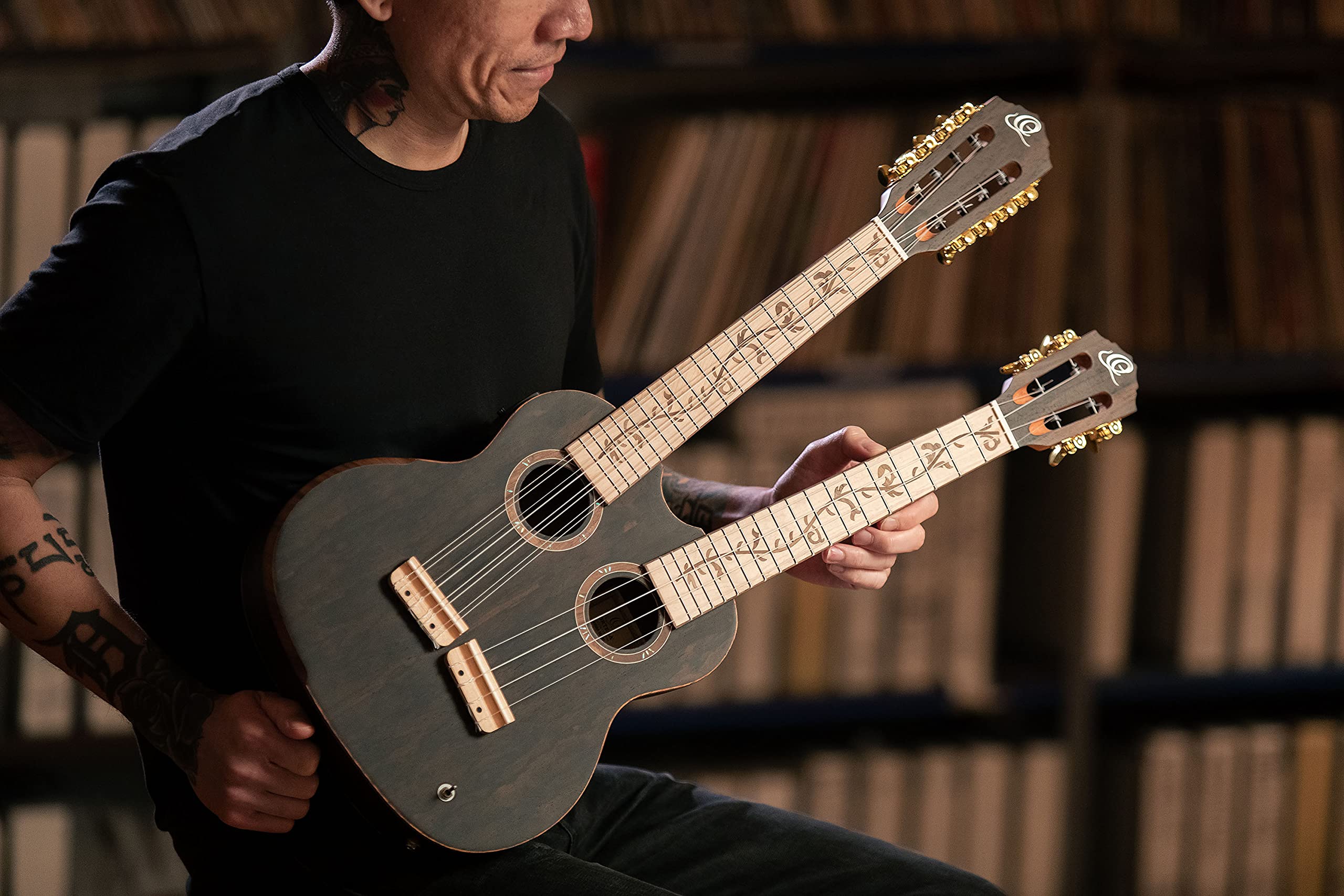 Ortega Guitars Double Neck Ukulele Elettro-Acustico – 8 Corde Tenor, Tenor – Custom Built Series – Gig Bag Inclusa – Ziricote, Natural (HYDRA-ZS)