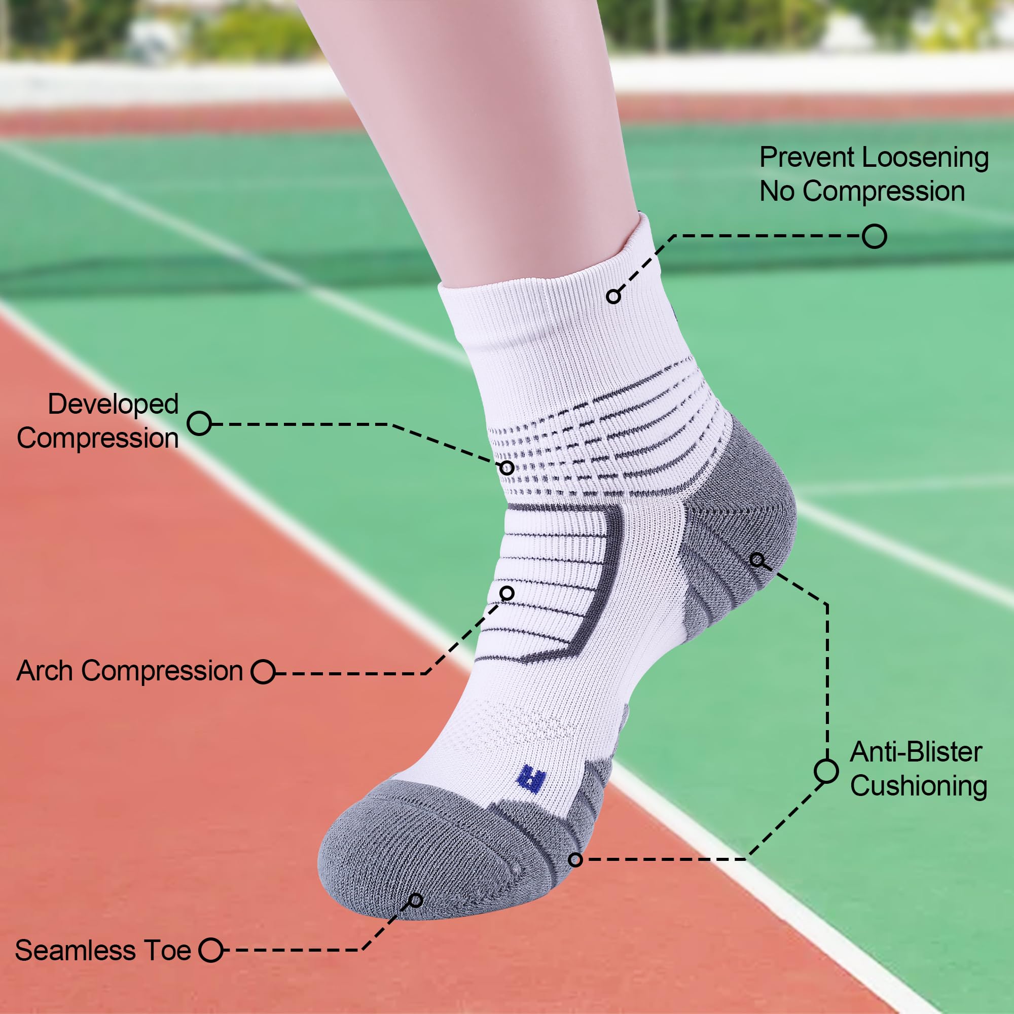 voofly Quarter Socks Men, 2 Pairs Cushioned Moisture-Wicking Anti-Blister Sports Compression Running Socks for Hiking Basketball Workout Blue White