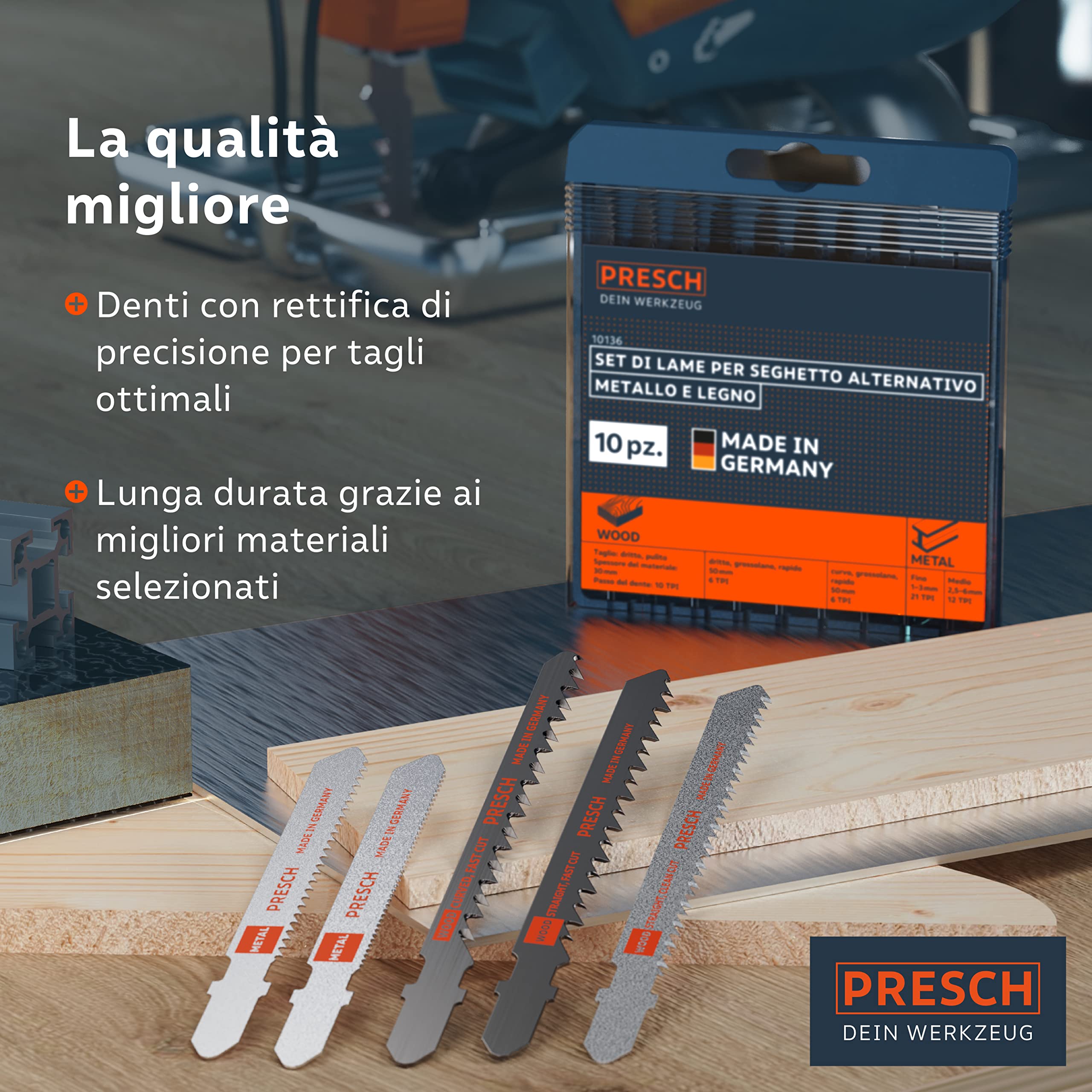 Presch Set di lame seghetto alternativo Metallo e Legno 10 pz. - Un unico set di lame per seghetto con codolo a T alternativo per tutte le applicazioni
