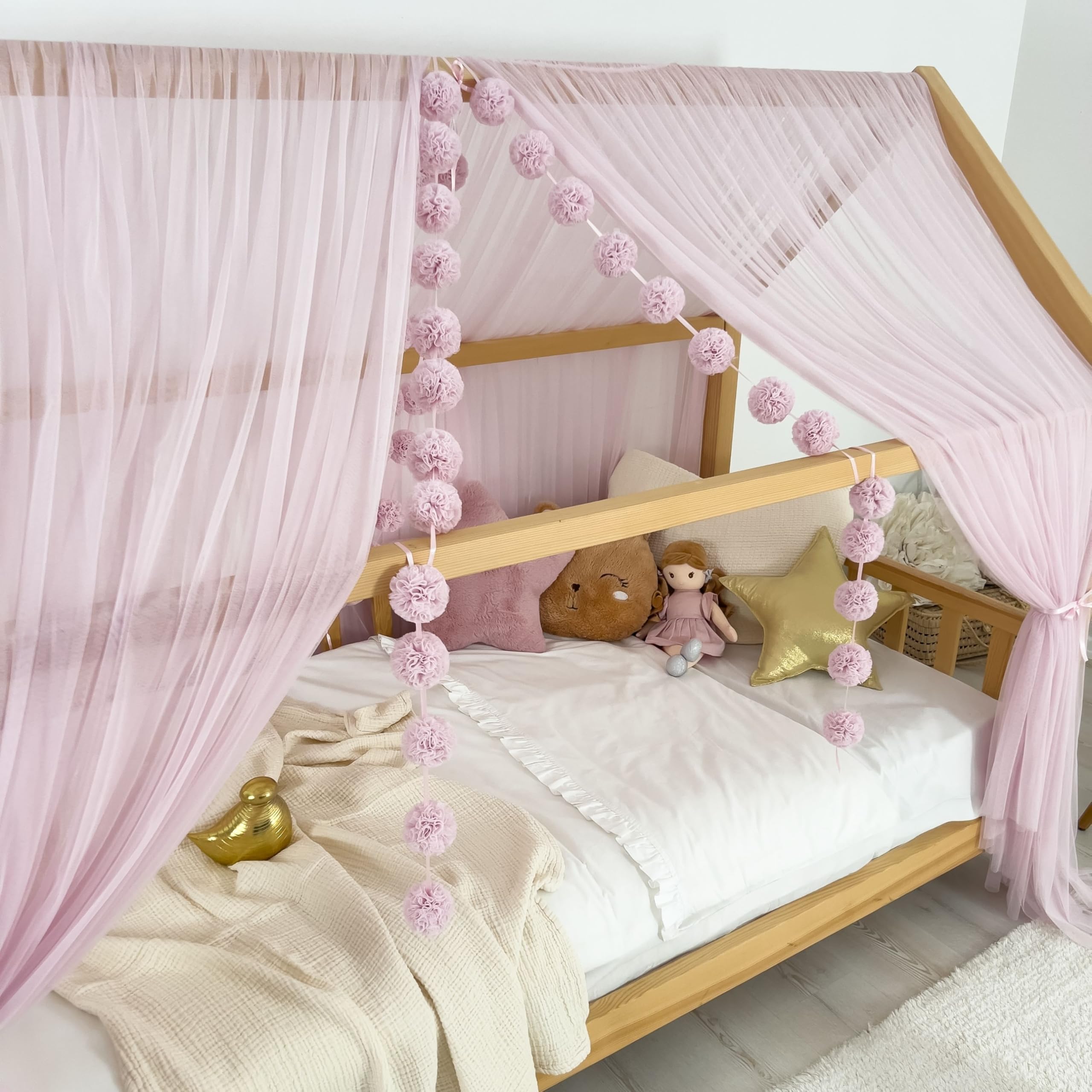 Tenda a baldacchino per letto della cameretta dei bambini, decorazione per letto montessori, tenda da gioco in morbido tulle per i più piccoli (Baby lilla, 460 cm, set da 3)