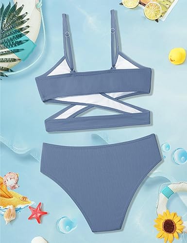 Miniatura 5 de Conjunto de bikini para niñas, traje de baño de dos piezas, traje de baño cruzado para niñas
