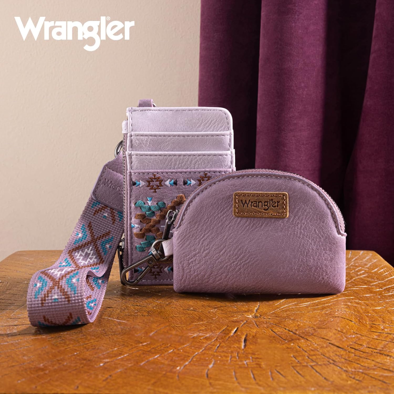 Wrangler Western Keychain Wristlet Wallets for Women Retro Dual Pouch Wristlet Credit Card Holder Wallet with Zipper Pocket WG2214-W0051PP