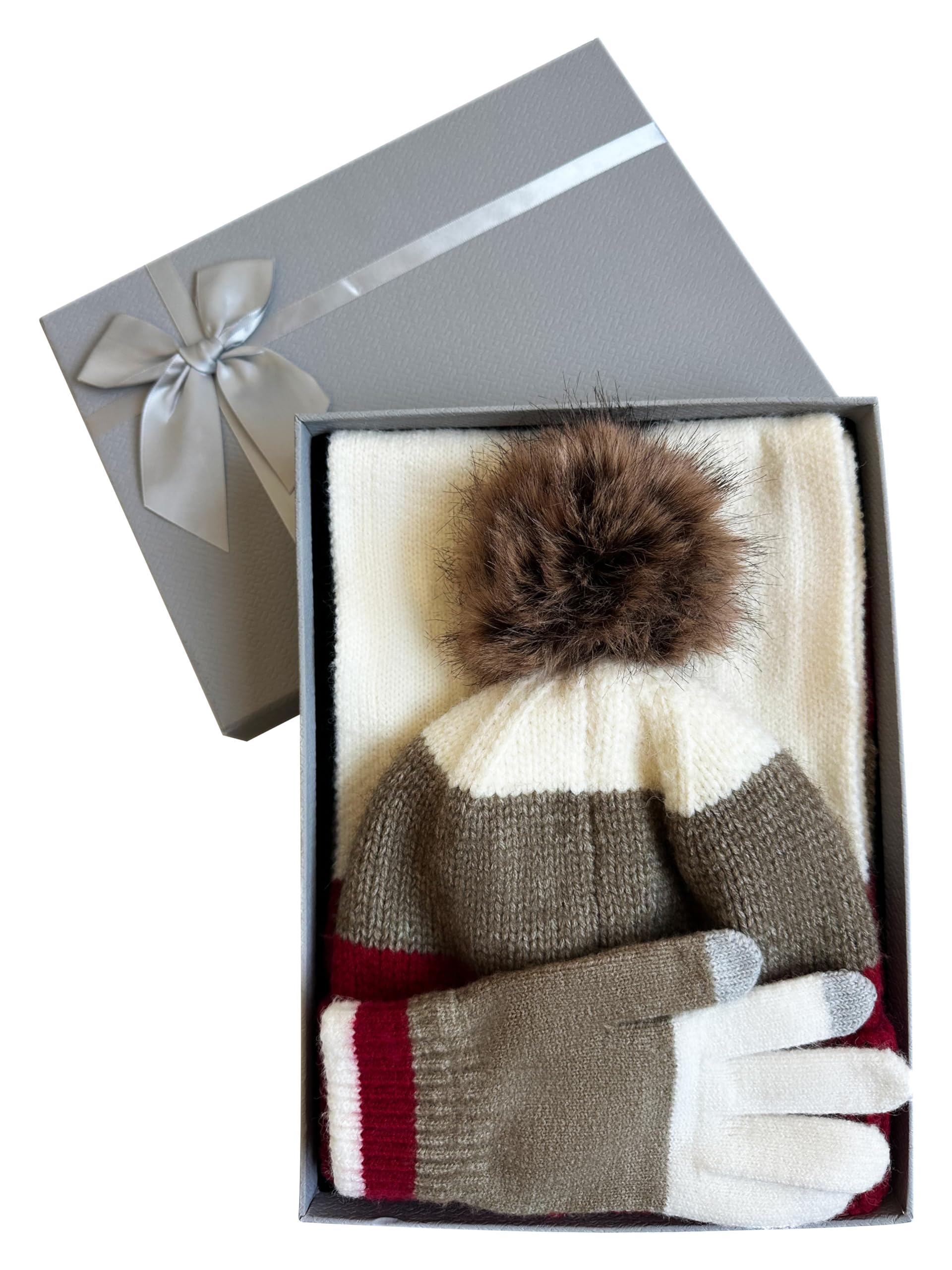 Juego de gorro, bufanda y guantes para niños, con caja de regalo, juego de regalo de invierno para niñas y niños, gorro de punto térmico cálido, forro polar suave, conjunto de invierno para