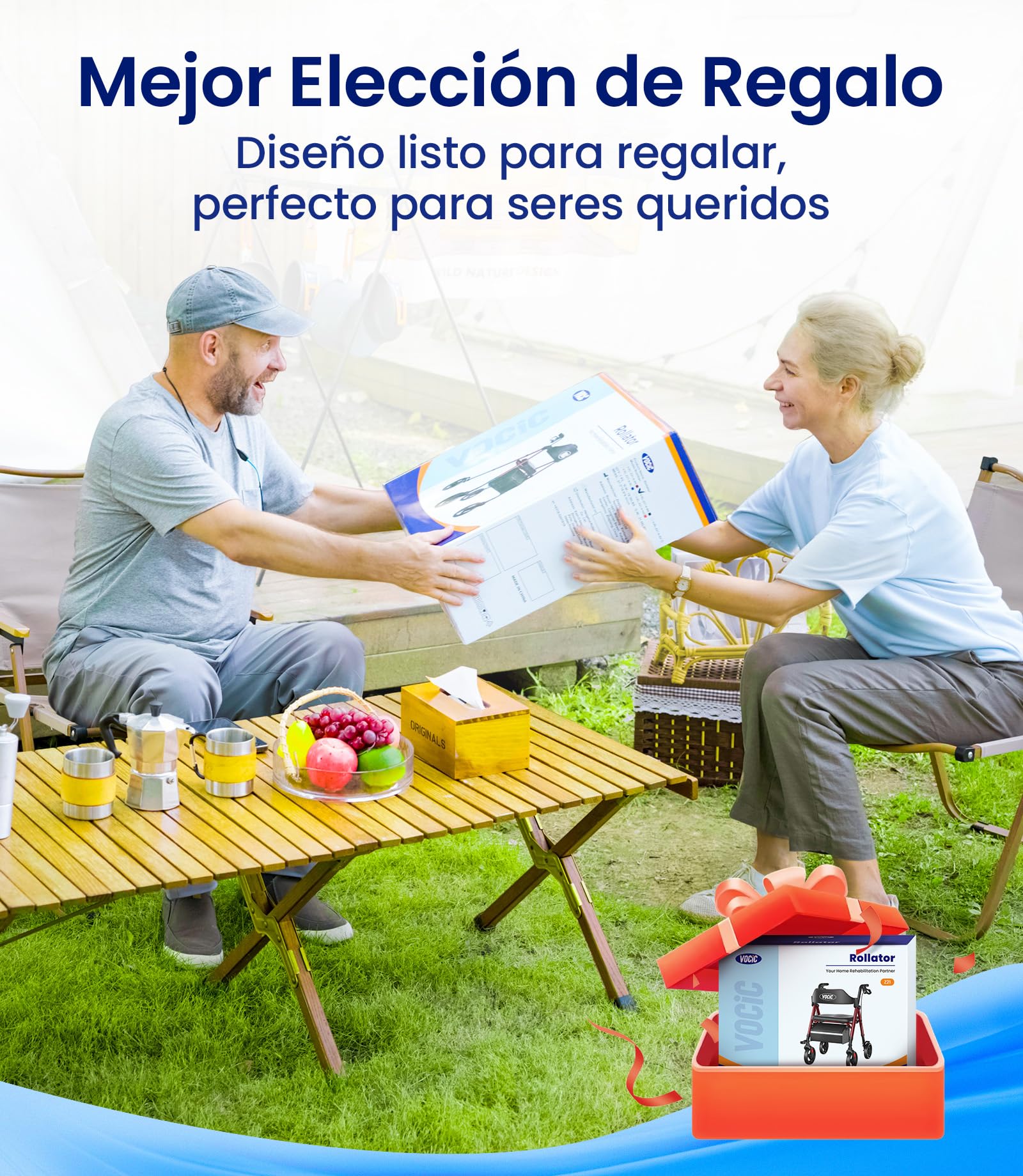VOCIC Andador plegable y ligero con asiento, andadores estrechos para apartamentos, andadores para personas mayores, plegable con neumáticos de 20 cm para todo terreno, asiento y mango de altura