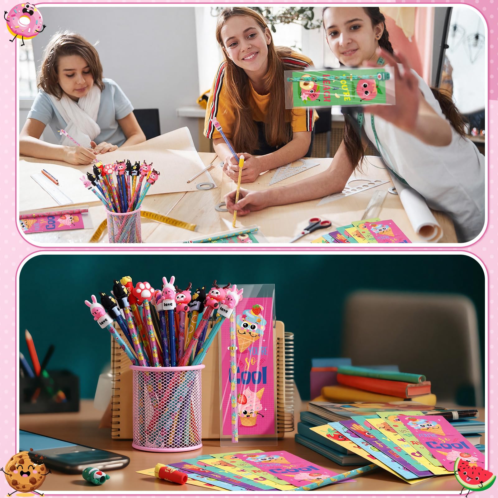 Outus Lot de 30 crayons parfumés mignons et marque-pages parfumés inspirants pour étudiants - Crayons en bois amusants sur le thème des fruits avec gommes d'animaux - Cadeaux en vrac pour l'école et
