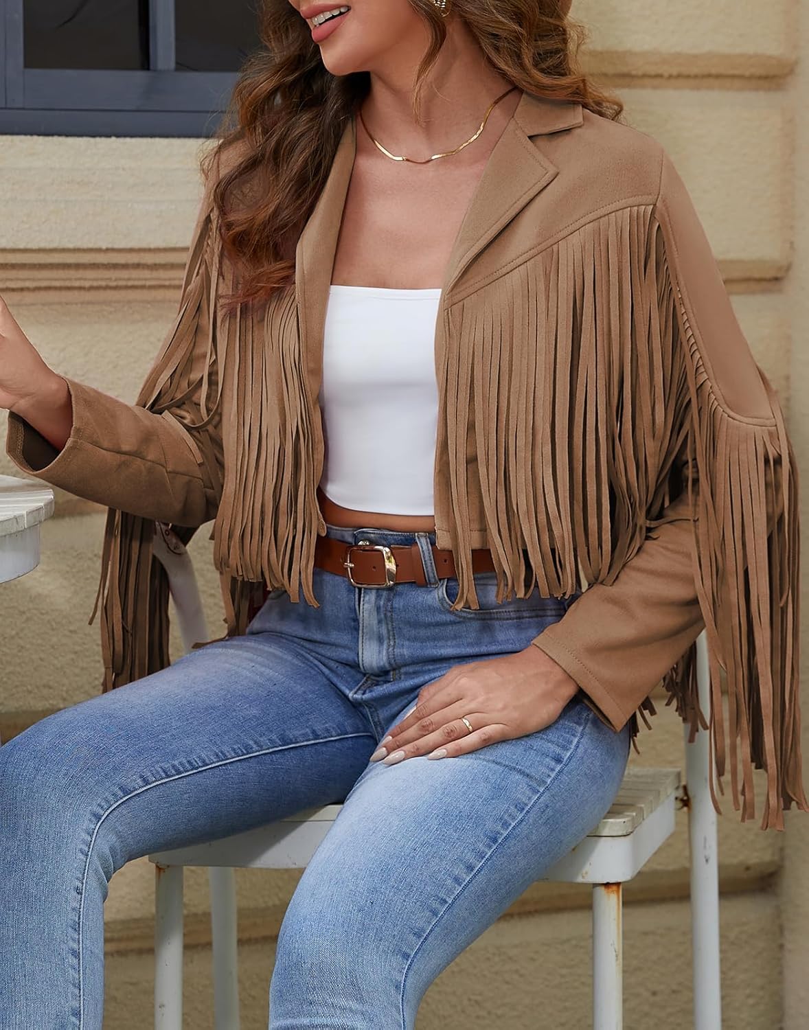 American Trends Womens Casual Faux Leather Jacket Fringe Tops Tassel Suede Cropped Coats Motorcycle Jacket - Image 4