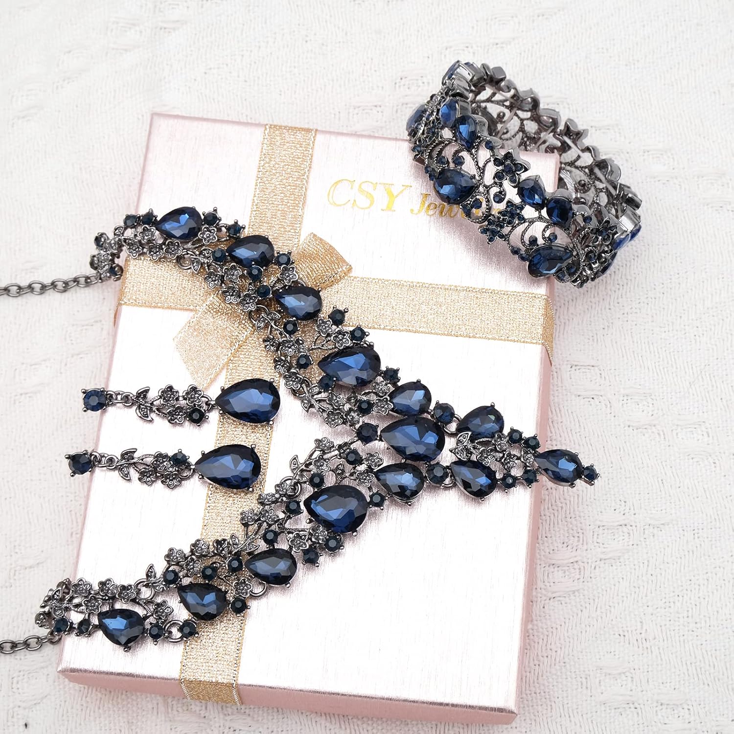 CSY Elegant Crystal Costume Jewelry Sets Flower Bridal Necklace Earrings Stretch Bangle Set for Bride Bridesmaid Wedding Dress Accessories - Image 7