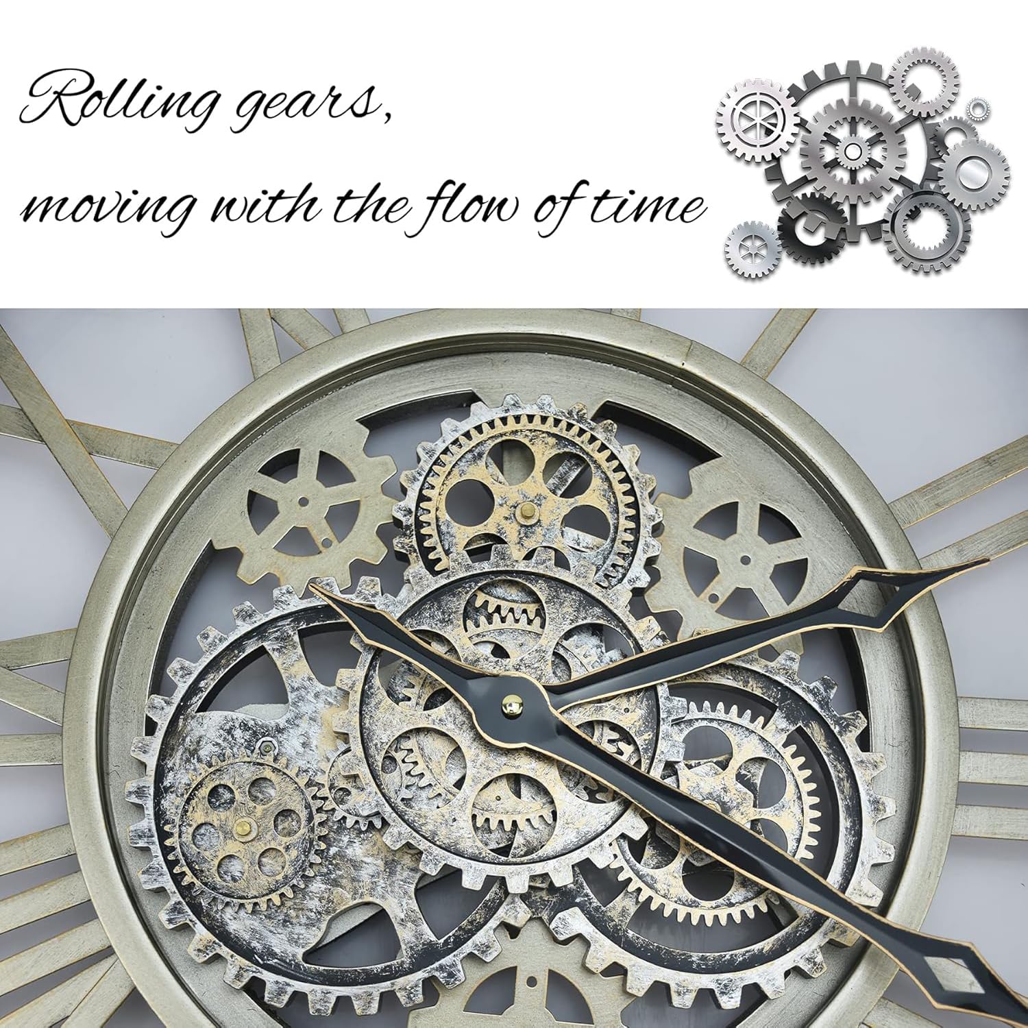 Wanduhr Zahnrad Beweglich, Steampunk Wanduhr XXL, Wall Clock Römische Zahlen Antike Metall Uhr, Retro Industrielle Dekorative für Küche Wohnzimmer Bar Büro, 60cm