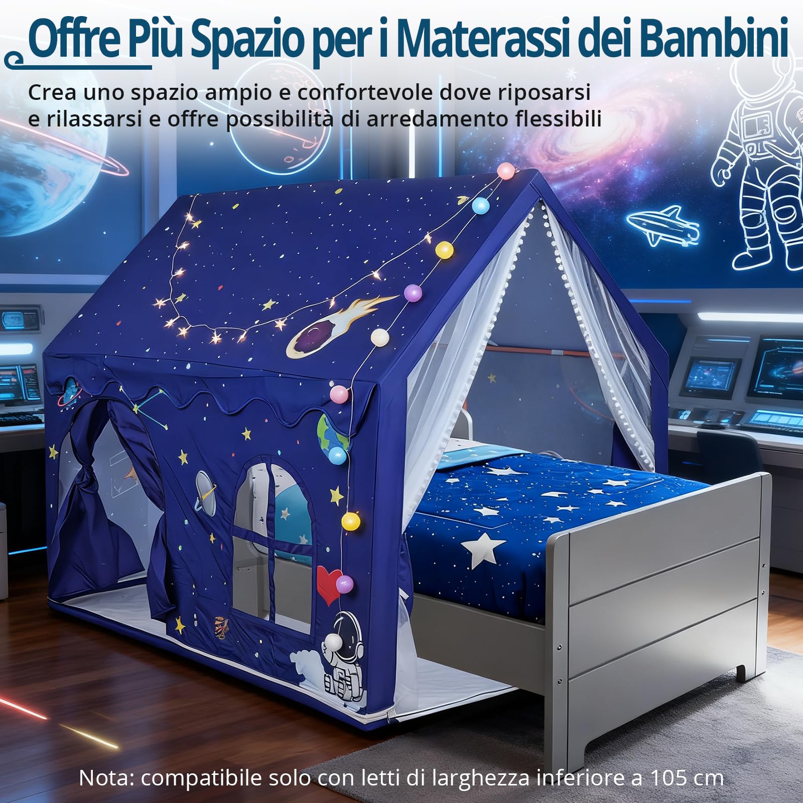 Tenda da Gioco per Bambini a Tema Spaziale con Luci LED a Stelle | Capanna di Grandi Dimensioni 160×105×128cm per Interno ed Esterno con 2 Porte e Tappetino Antiscivolo, Montaggio in 15 Minuti