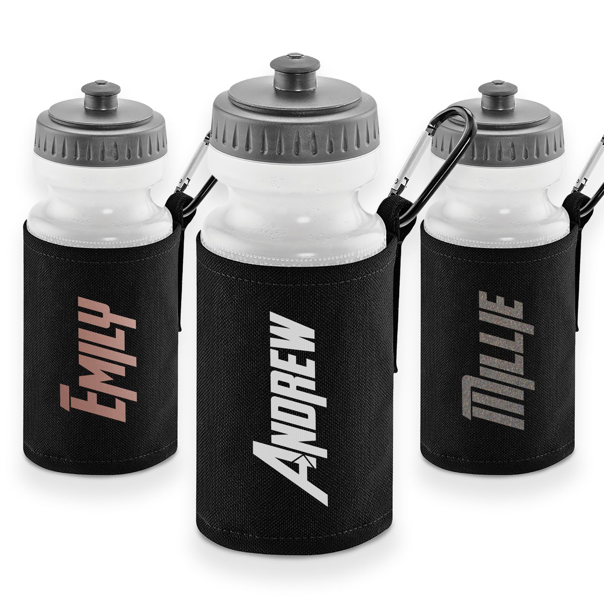 Print Maniacs Personalised Kids Water Bottle with Custom Name Sleeve – Superhero Style Sports Bottle 500ml – BPA Free School Drink Flask with Carabiner Clip – 9 Colours – Boys & Girls PE & Sports