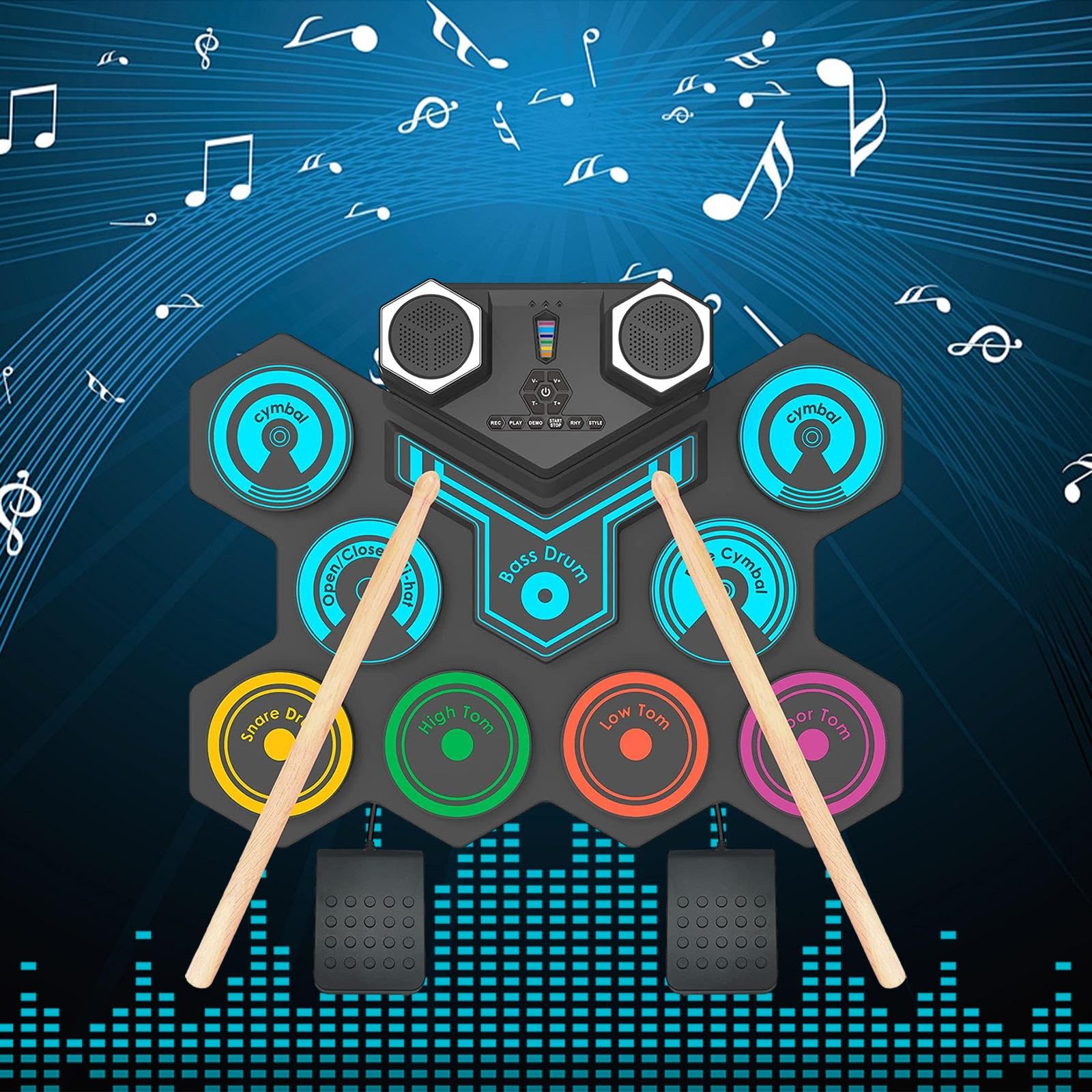 Batería Electrónica Portátil Enrollable con Multi Pads Set de Batería para Mesa Instrumento Musical Silencioso con Altavoces Y Pedales Incluidos, Vistoso