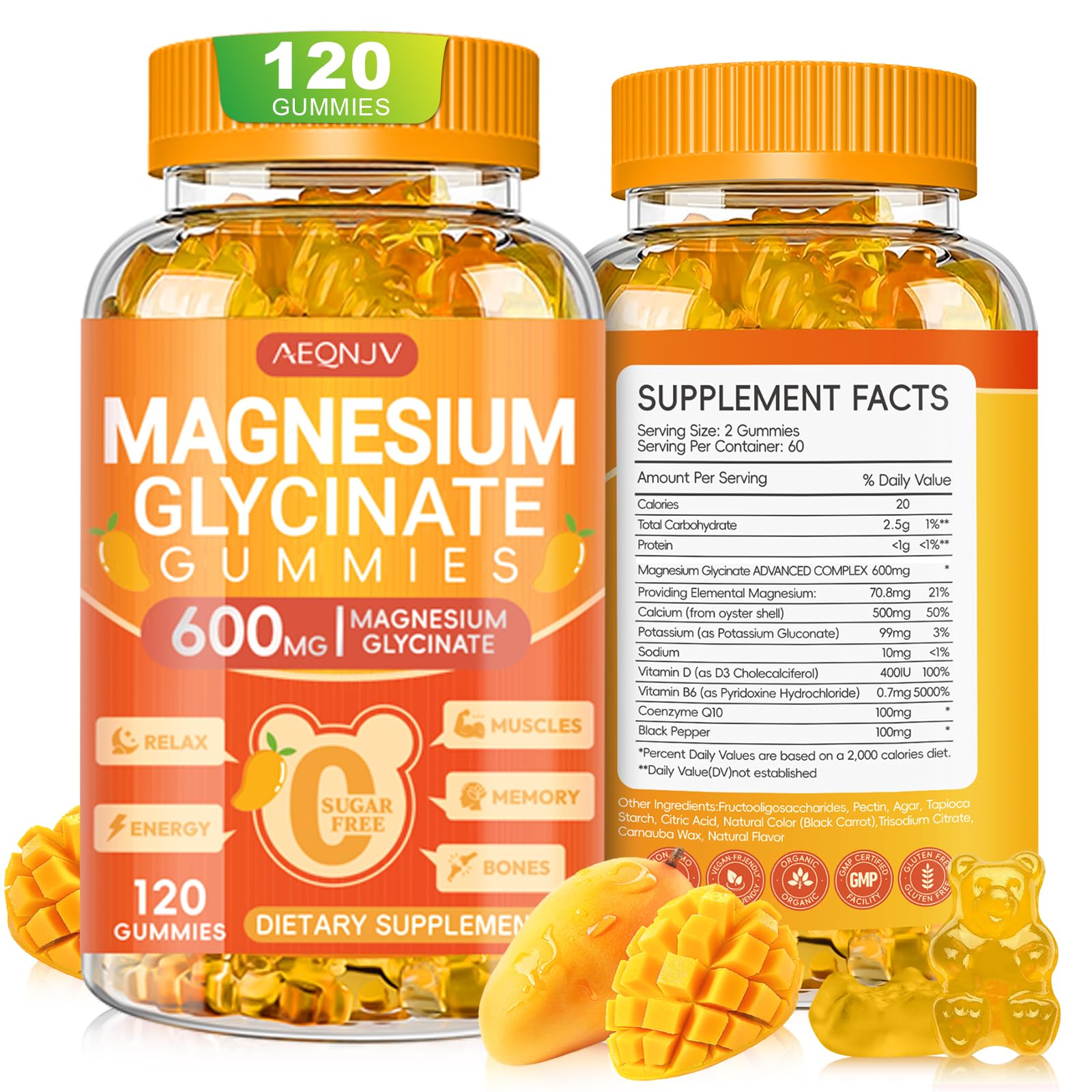 Magnesium Glycinate Gummies 600mg, Chewable Sugar Free Potassium Magnesium Gummies with Magnesium Glycinate, Vitamin D, B6 and CoQ10 for Sleep, Relaxation, Brain & Muscle, 120 Count