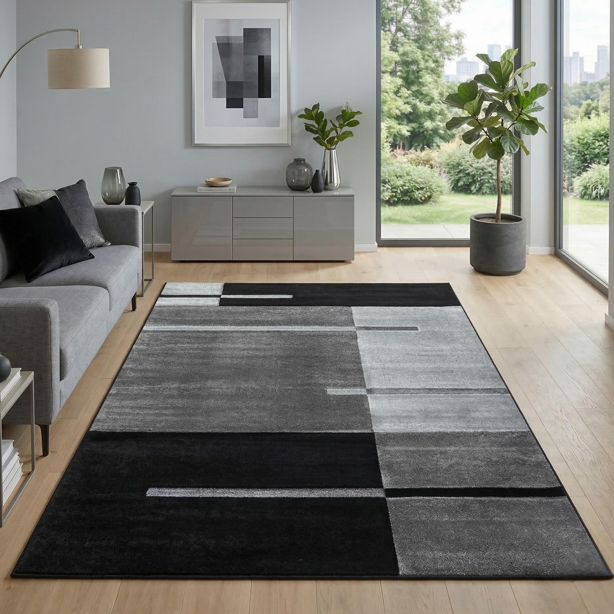 Carpetsale24 Teppich Kurzflor Konturenschnitt in Schwarz Grau Weiß - Kariertes Design, Extra Weich, Waschbar, Pflegeleicht - Für Wohnzimmer, Schlafzimmer, Esszimmer