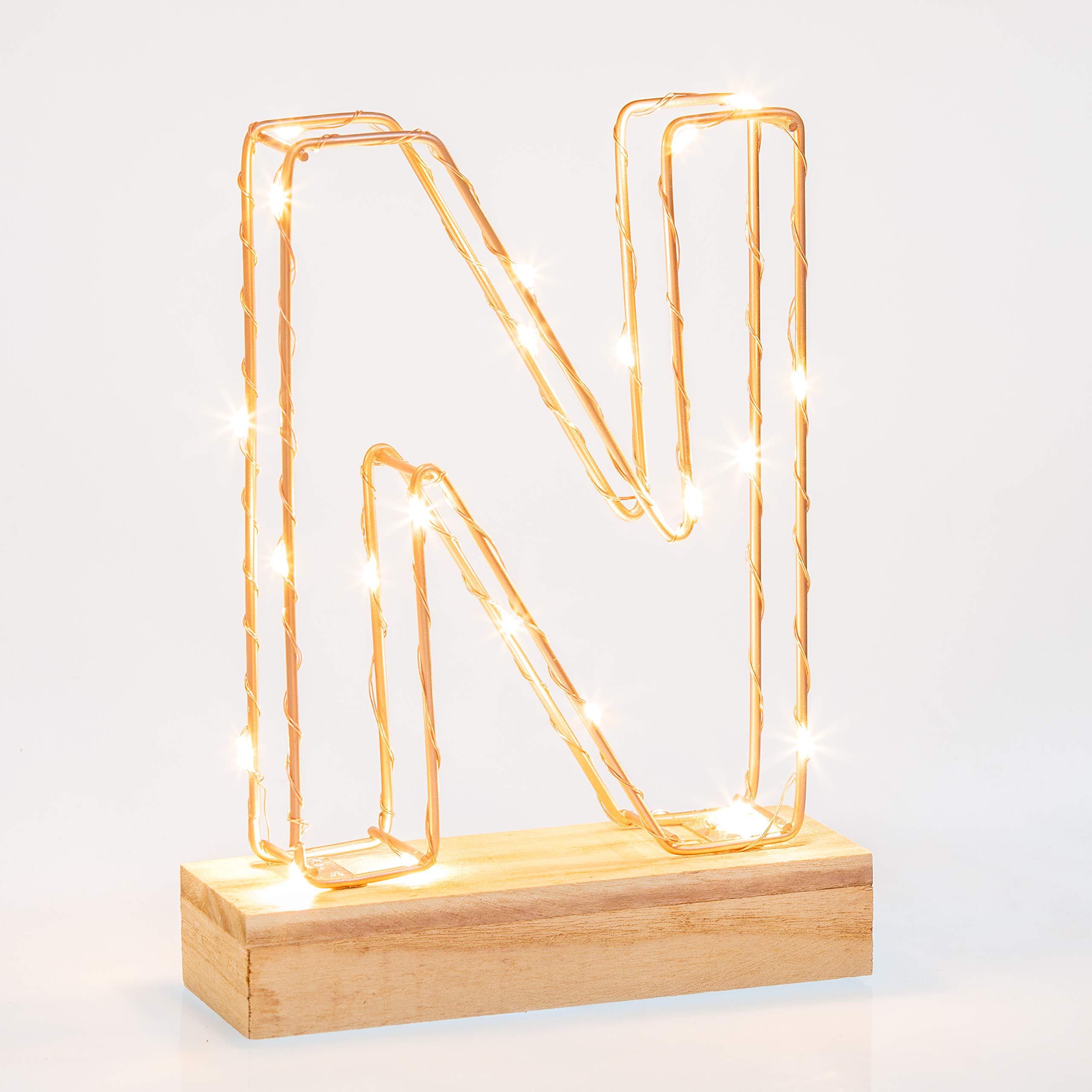 Light Up Letter N | LED Alphabet Wire Frame Letter Lights | Rose Gold Copper Initials | Personalised Lighting | Battery Powered | Office Living Room Bedroom