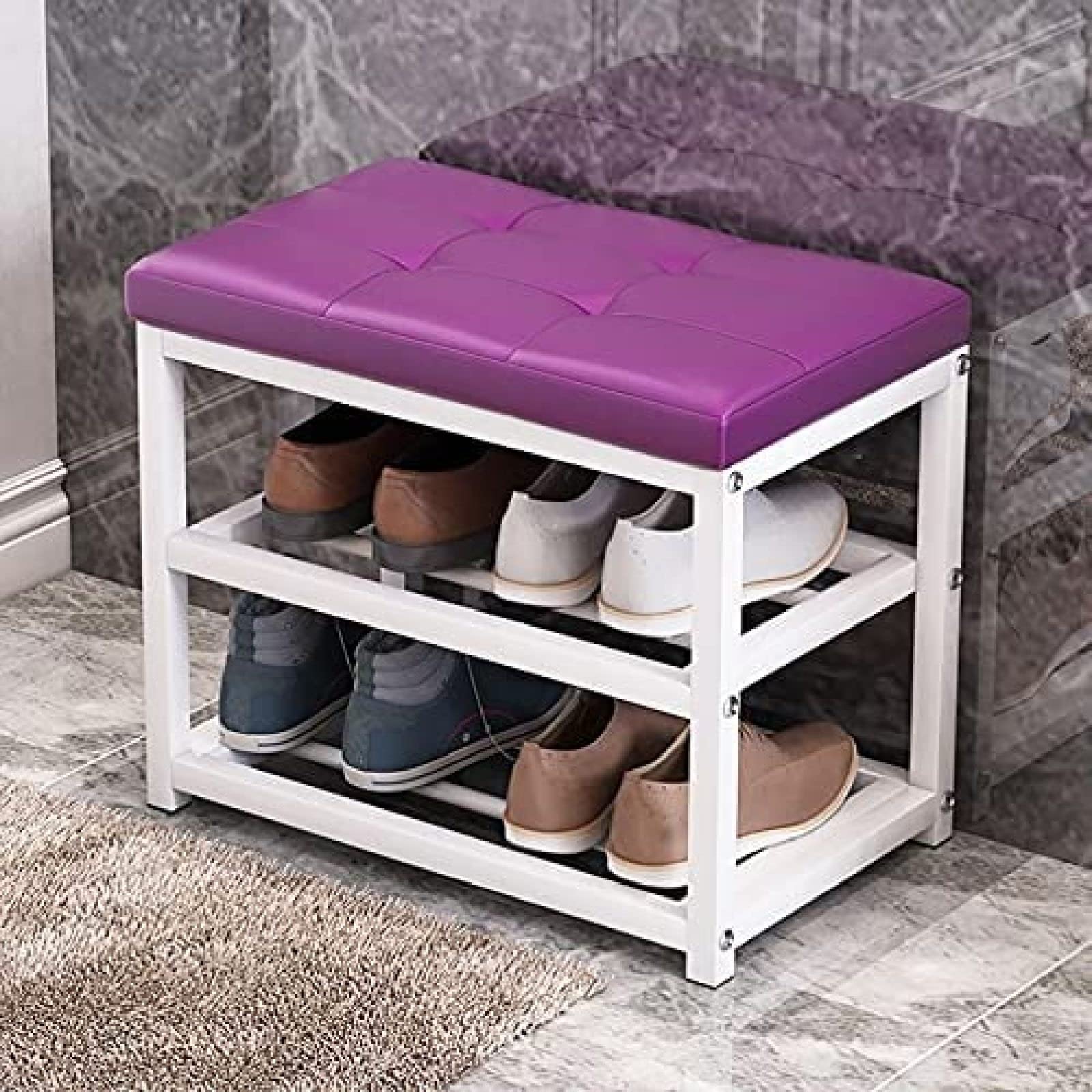 WJFTODAY 3 Tier Shoe Rack Bench with Cushion Seat Entryway Storage Metal Shelf E Leather Stylish Shoe Bench 50x45x30cm (20x18x12in)