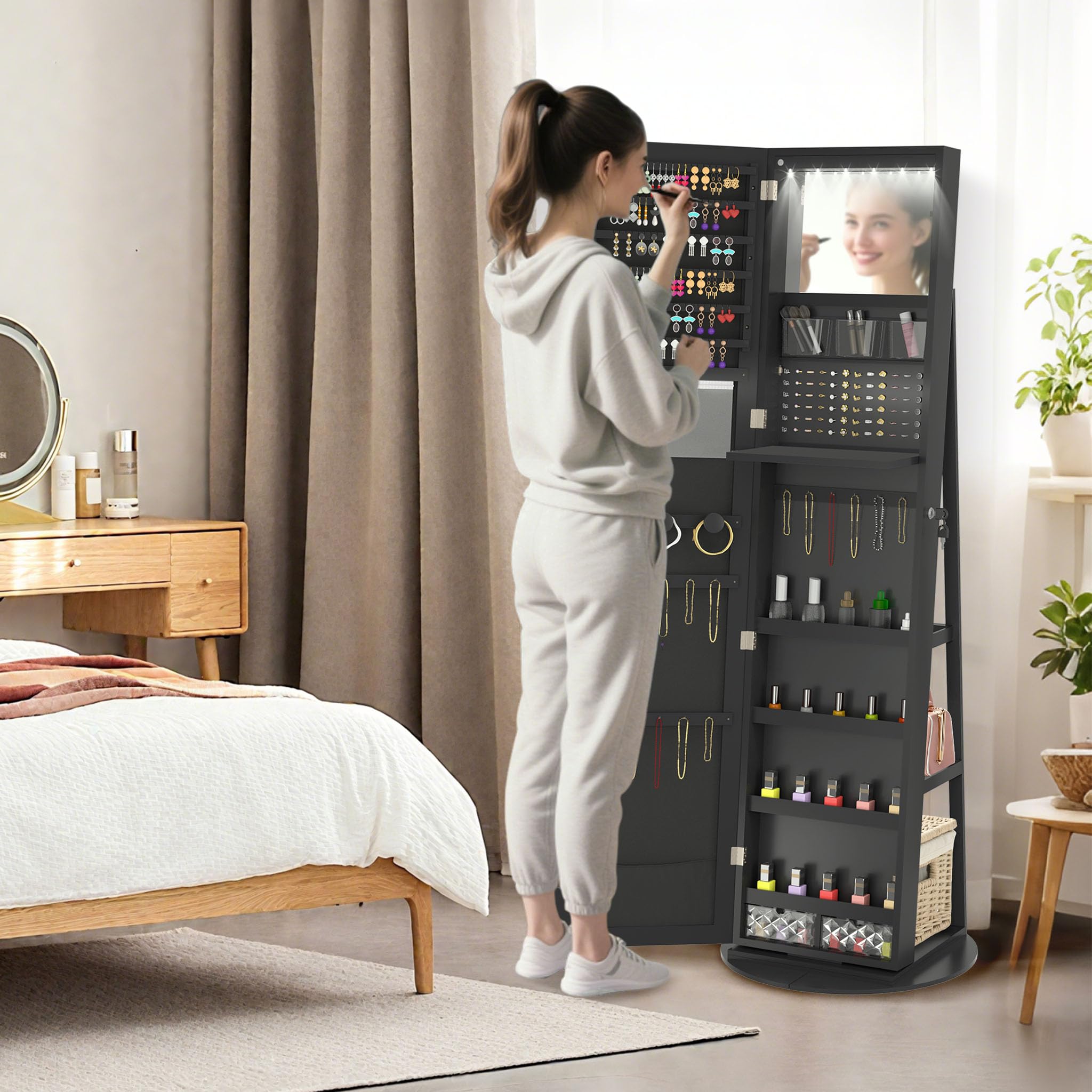 YRHome Szafka na biżuterię obracana o 360° z lustrem – szafka z lustrem, zamykana szafka na biżuterię z wewnętrznym lusterkiem do makijażu i kluczem – przechowywanie biżuterii, zegarków, pierścionków