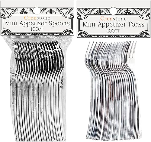 Paquete económico de cucharas y tenedores para aperitivos, 200 mini cucharas y tenedores plateados para aperitivos (desechables)