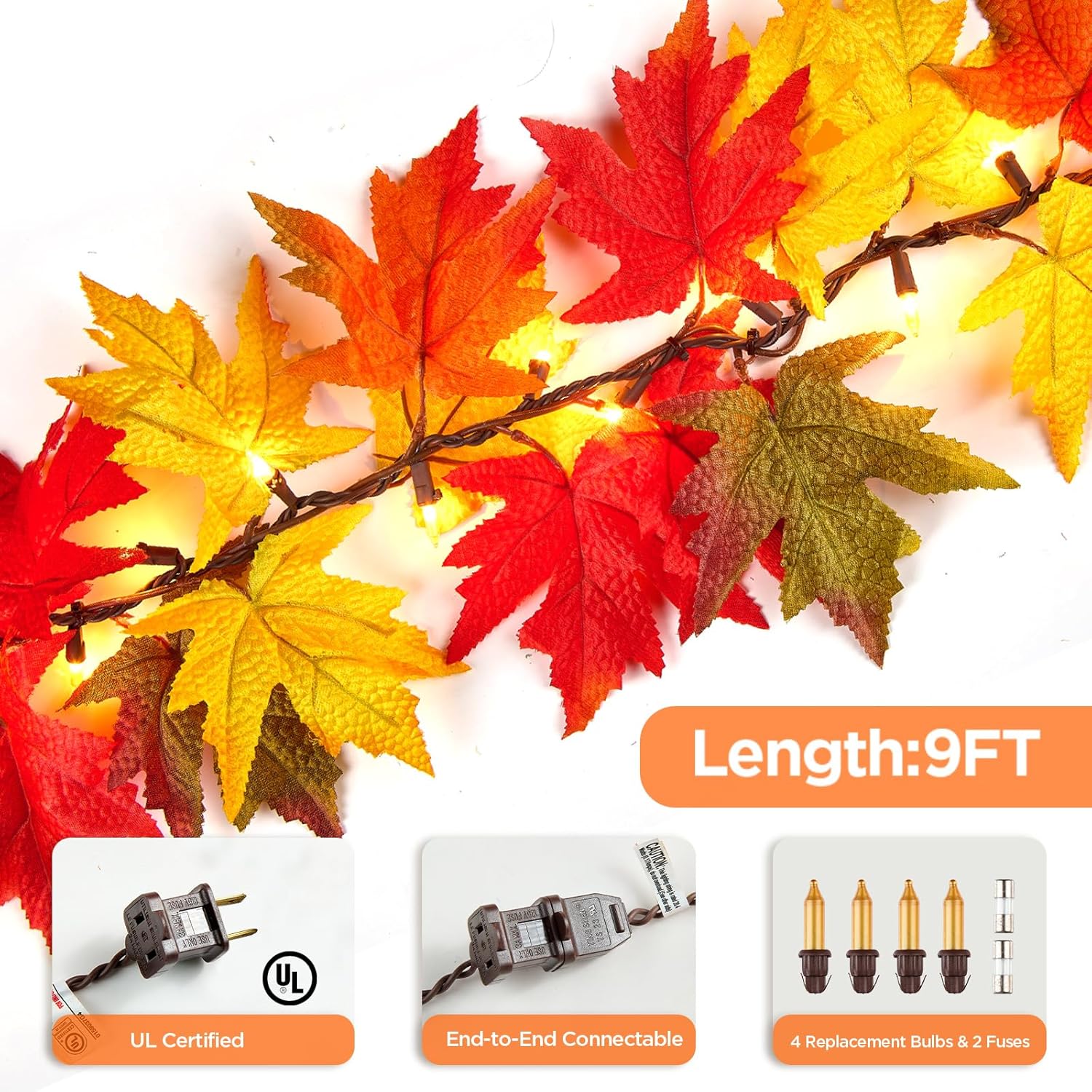 9FT Fall Decorations for Home Large Leaves Fall Garland with Lights Plug in 50 Bulbs Connectable Thanksgiving Garland String Lights for Outdoor Indoor Harvest Fireplace Fall Decor（1 Pack） - Image 5