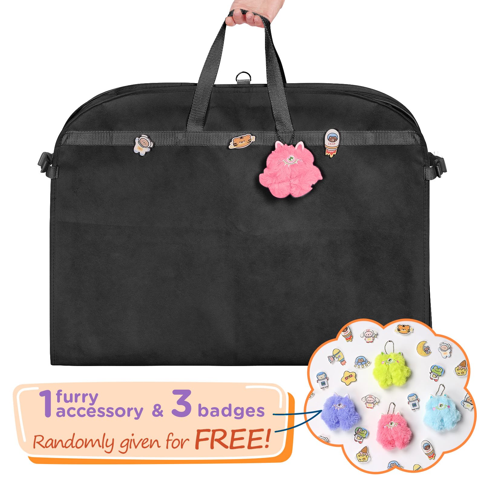 Univivi Bolsas Negras para Disfraz de Baile de 40 Pulgadas, para competiciones de Baile, 3 Bolsillos medianos Transparentes con Cremallera y 2 Bolsillos Traseros con Cremallera, con 1 Colgante, 3