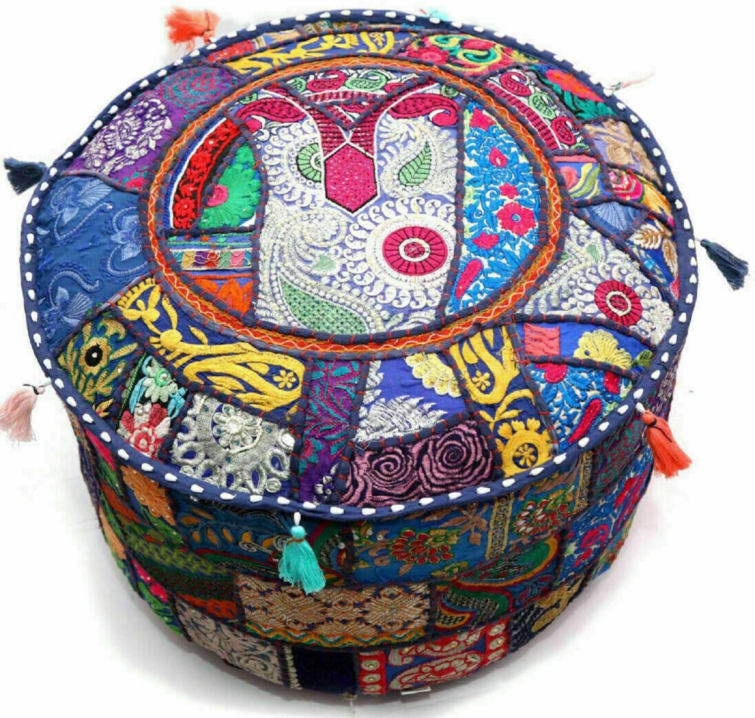 Round Pouffe Ottoman Cover Vintage Patchwork Indian Pouf Cover