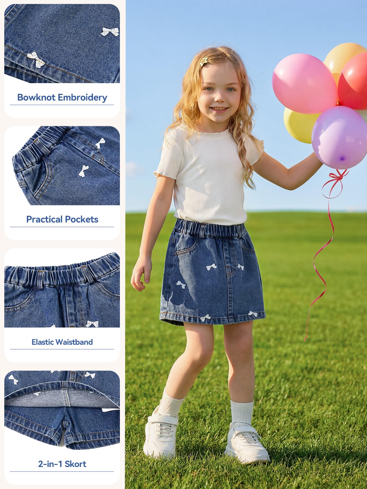 Miipat Gonna in Denim per Bambina, Gonna di Jeans con Pantaloncini a Pieghe a Vita Alta Modello ad A Elastico Casual Mini Gonne con Tasche per Bambine e Ragazze