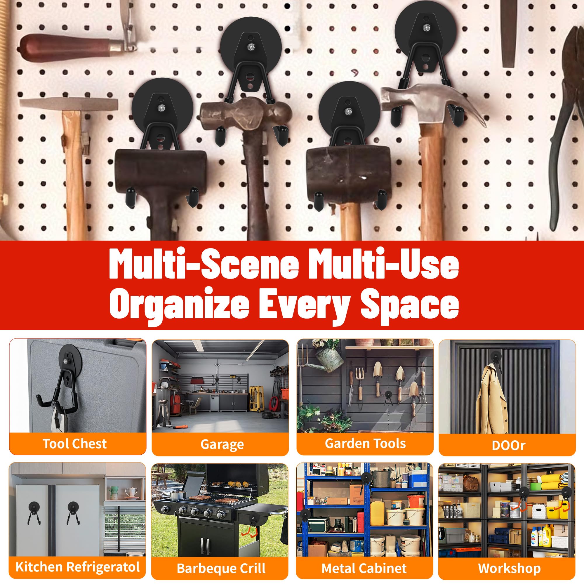 4 Pack Heavy Duty Magnetic Garage Hooks,No Drill Installation and Rubber Coating for Scratch-Free Use,Space Saving Large Utility Hooks for Kitchen,Tools,Pegboard,Workshop (Red 2pcs+Black 2pcs) — Amazon image 5