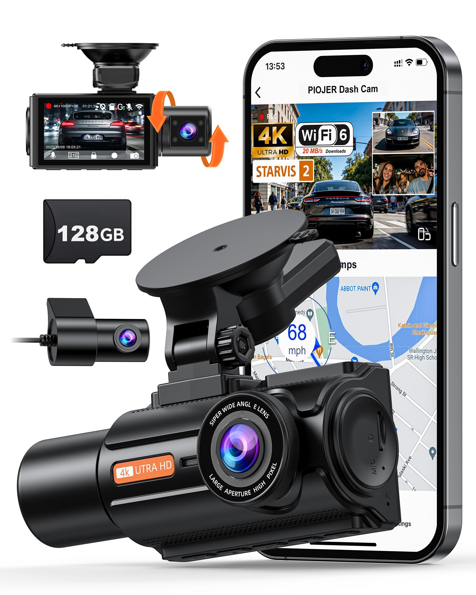 PIOJER 3 Channel 4K Dash Cam with STARVIS 2 Sensor, Free 128GB Card, WiFi 6 up to 20MB/s, Dash Camera for Cars, Front, Rear and Inside, 4K 2K 1080P, G-Sensor, 24H Parking Mode, IR Night Vision, GPS