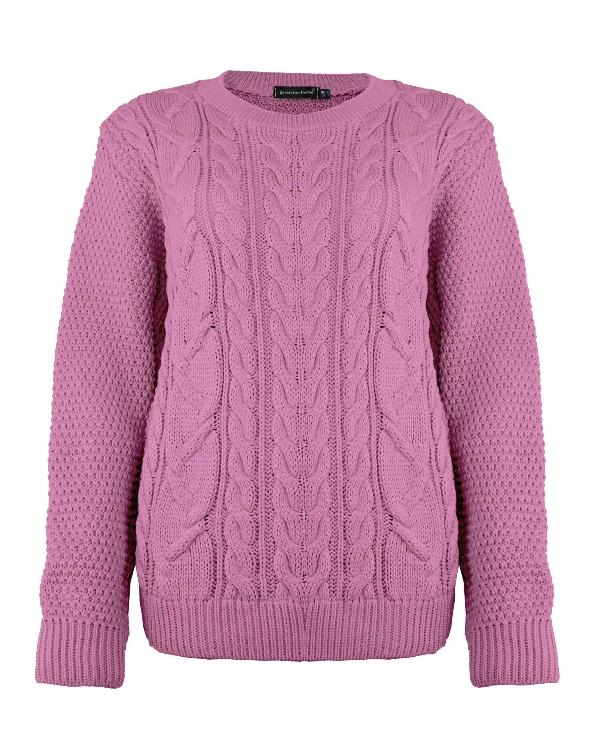 Generation Fashion New Women Ladies Crew Neck Knitted Cable Long Sleeve Warm Chunky Sweater Formal Everyday Casual Knitwear Jumper Tops Pullover [Dusty Pink,SM]