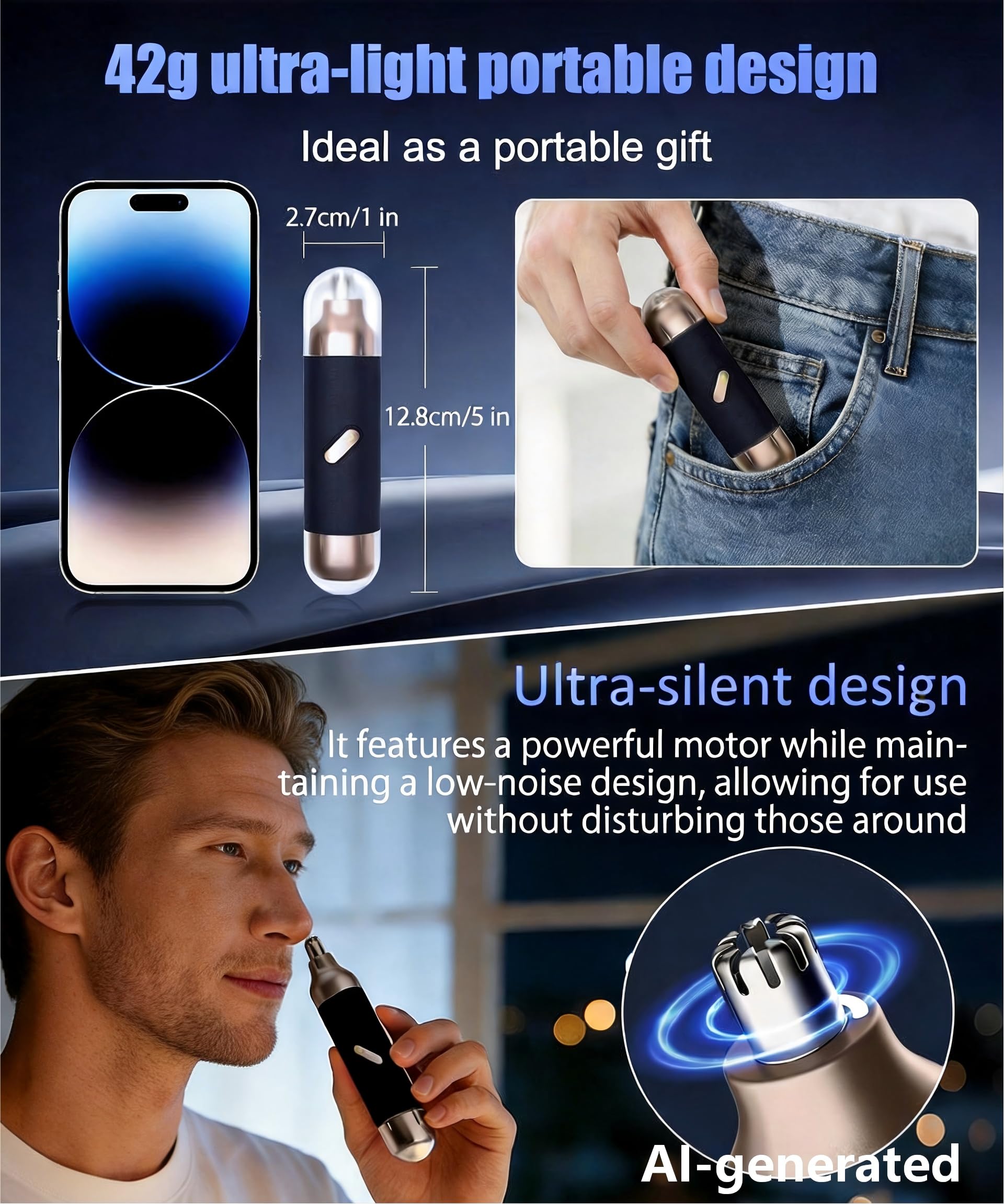 Tondeuse de nez pour homme et femme, tondeuse électrique 2 en 1 pour nez et oreille, kit de toilettage des oreilles et des sourcils, tondeuse pour le visage avec moteur puissant et lames à double