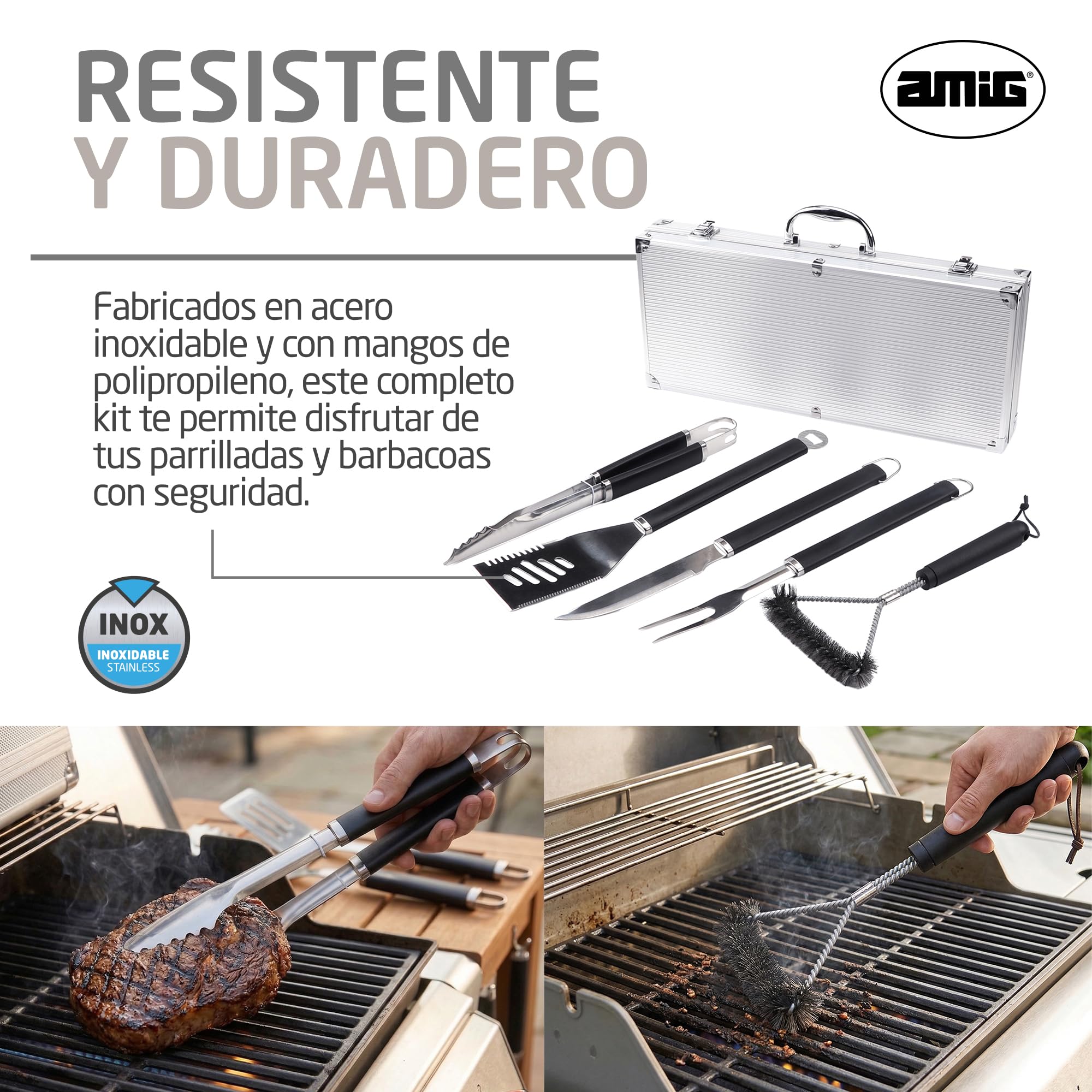 Amig - Maletín de 5 Accesorios para Barbacoa - Acero Inoxidable - Set Completo de Utensilios con Estuche - Accesorios Prácticos y Presentación Cuidada para Regalo - Mod. AM01