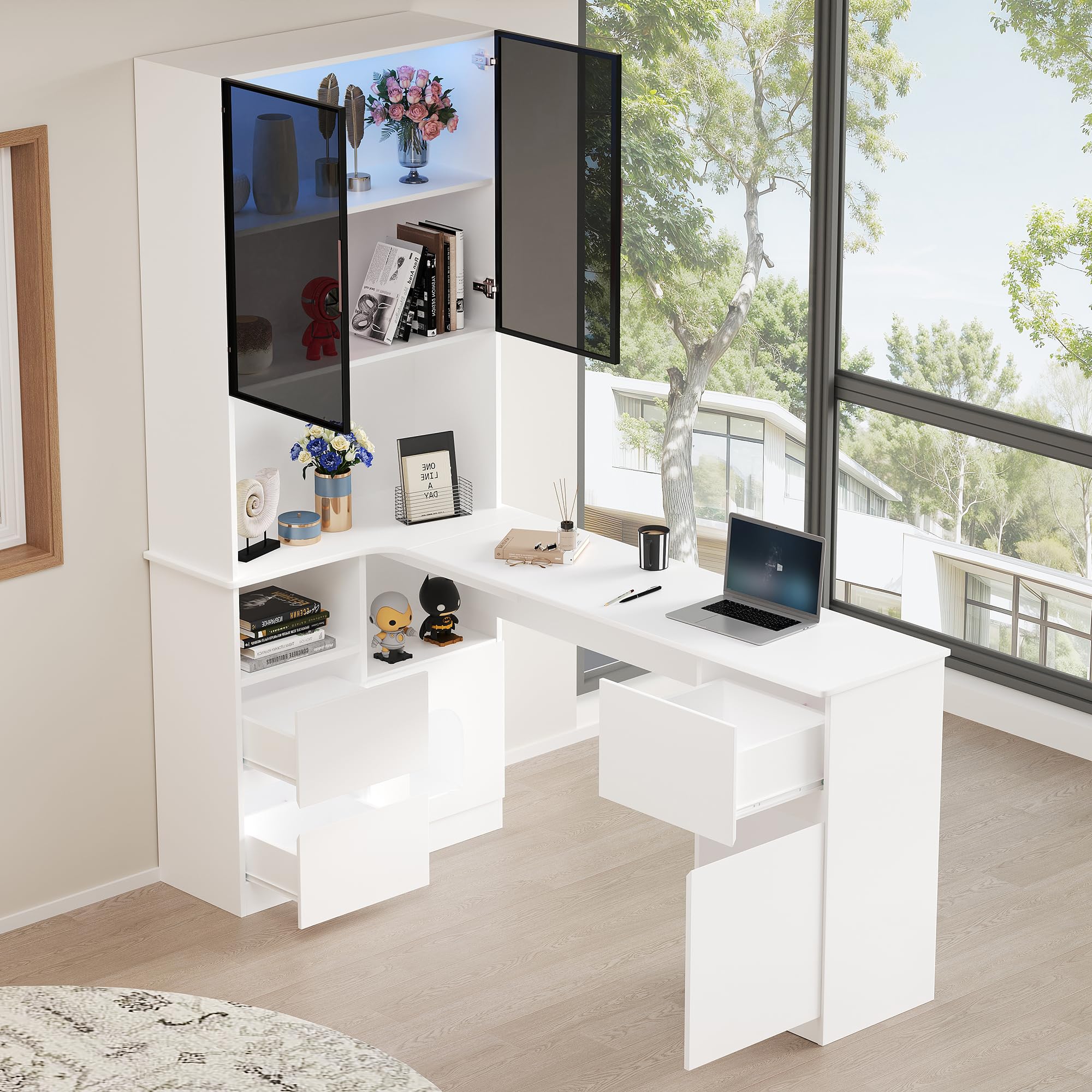 Scrivania angolare con ripiano e vetrina a LED, 120 x 80 x 180 cm, scrivania per computer con passacavi, 3 cassetti e 2 ante, libreria con scomparti aperti e scomparto per animali domestici, per casa