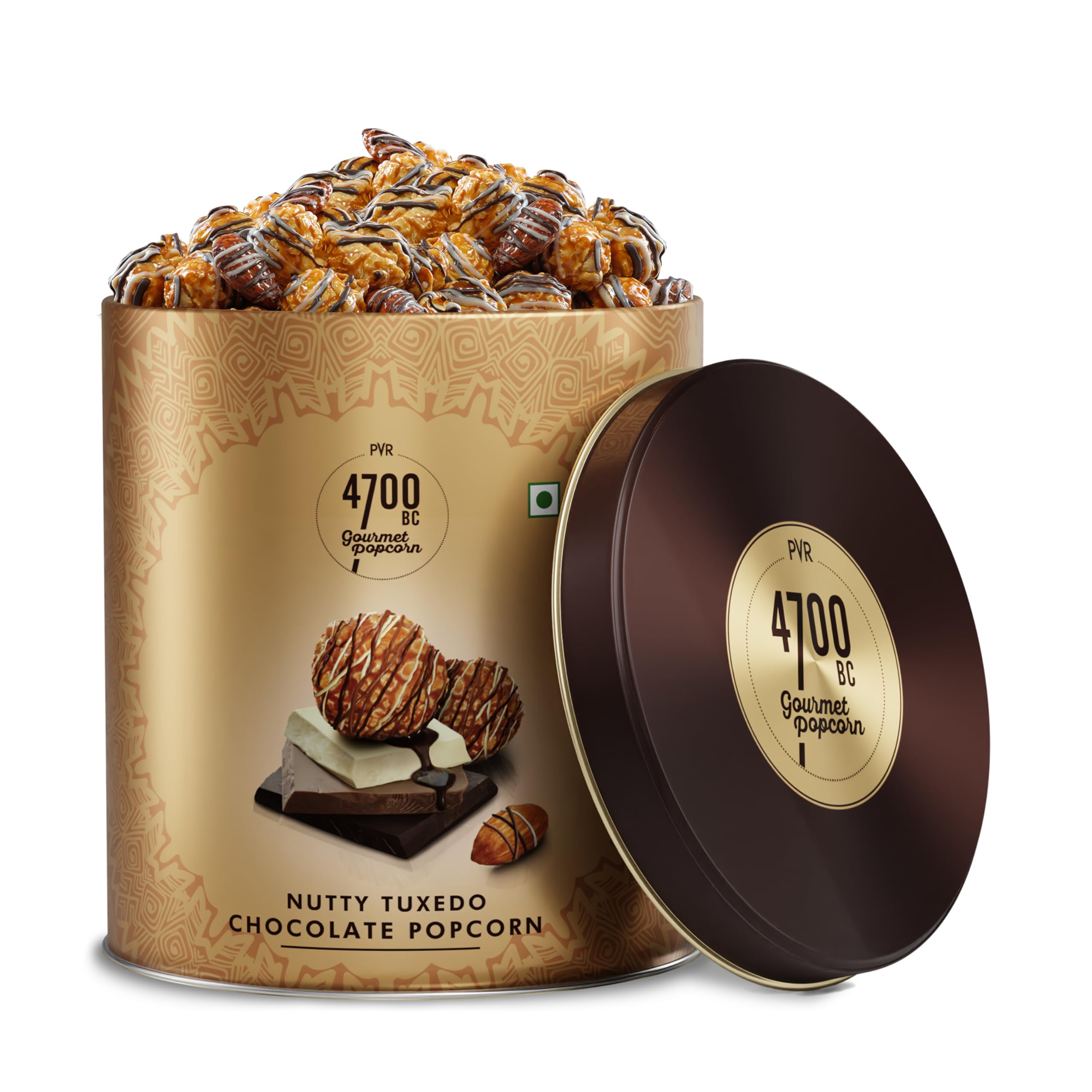 4700BC Nutty Tuxedo Chocolate Popcorn – Gourmet Gift Tin (375g) | Triple Chocolate with Roasted Almonds