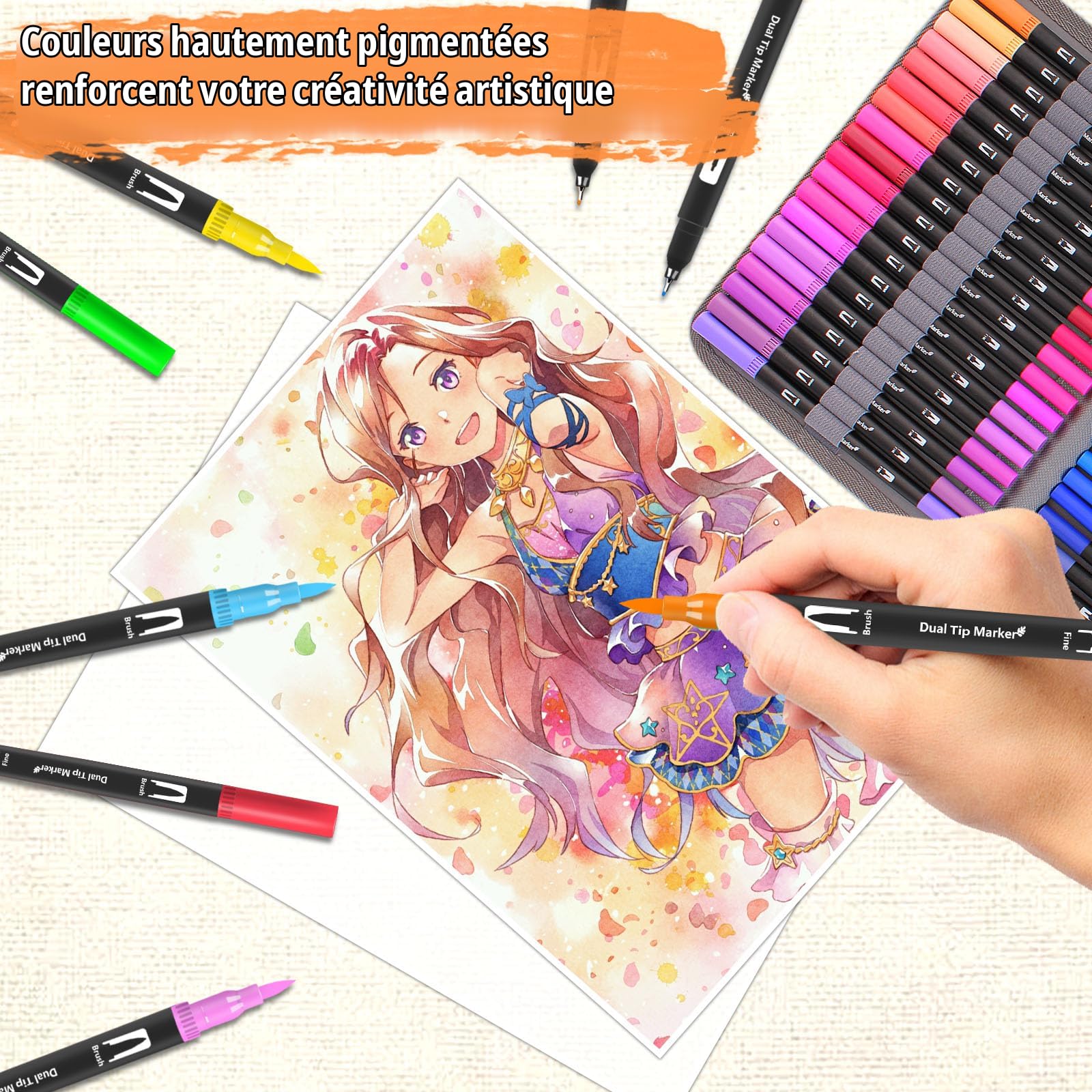 Gunsamg 80 Feutres Coloriage Adulte pour Dessiner, Manga, Doodling, Scrapbooking, Aquarelle Stylos Feutre Coloriage Enfants, Double Pointe Fine avec Livre de Coloriage et Cartes de Vœux