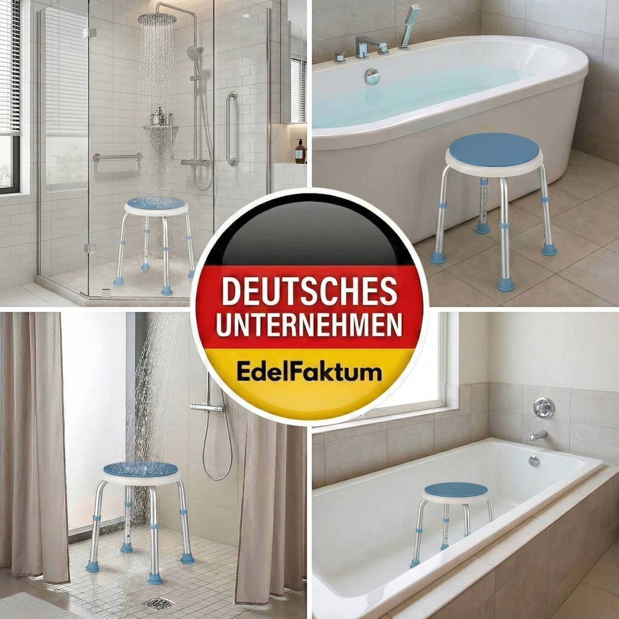 Duschhocker - Duschstuhl 360° drehbar und höhenverstellbar, Badhocker für die Dusche bis 136kg belastbar, Rutschfester Duschsitz für Senioren und Erwachsene, Dusch Hocker