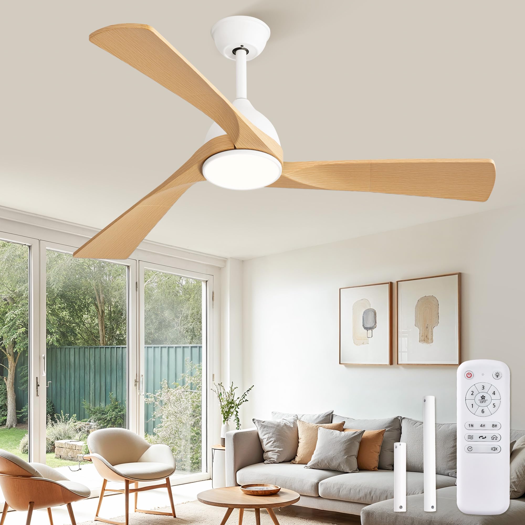 Ventilador de Techo con Luz y Control Remoto, Ø132 cm, Motor DC Silencioso, 6 Velocidades, 3 Temperaturas de Color LED (3000K/4000K/6000K), Modos Verano/Invierno, Temporizador 1/4/8 Horas(ABS)
