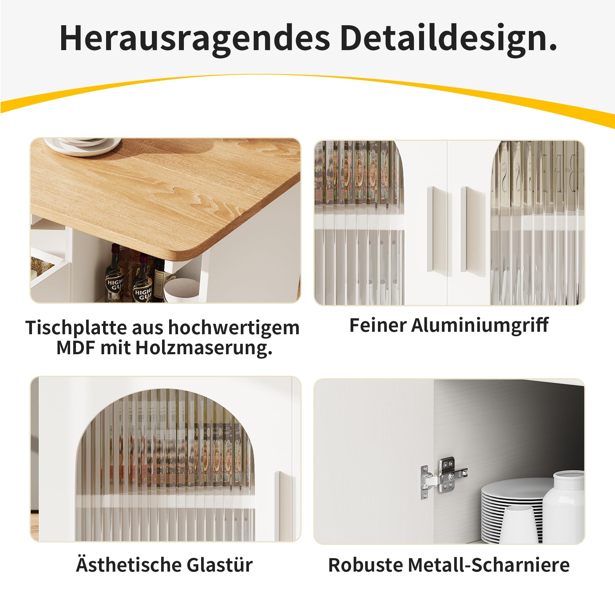 soges Kücheninsel,Modernes Küchensiland, Küchenschrank, Abnehmbare Servierwagen buffetschrank, Speisewagen mit Holzmaserung, buffetschrank, Multifunktionale Esstisch mit Speicherraum,Weiß