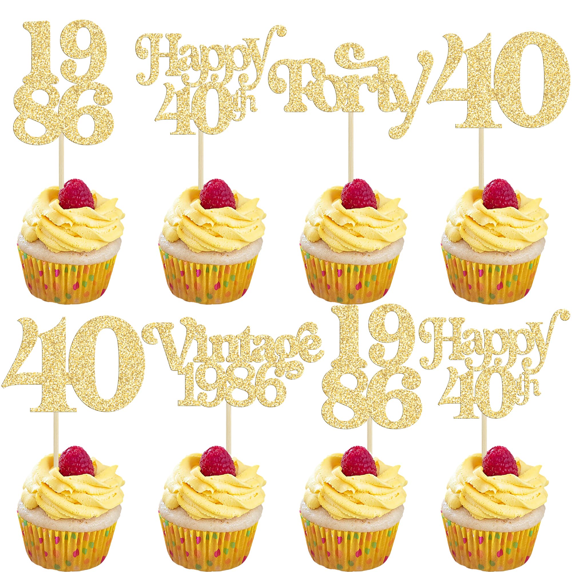 Gyufise 30Pcs 40th Birthday Cupcake Toppers Glitter Cheers to 40 Fabulous Forty Cupcake Picks Happy 40th Birthday Wedding Anniversary Party Cake Decorations Supplies Gold