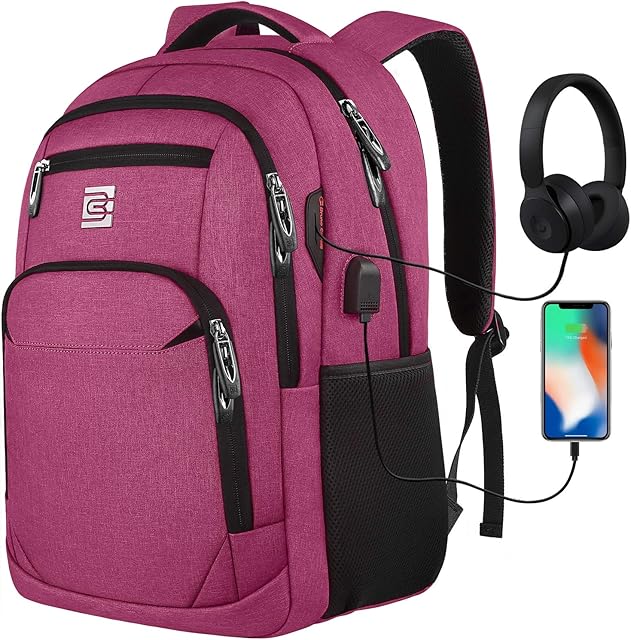 Laptop Backpack with USB Charging&Headphone Port,Anti-Theft Business Laptop Backpack with Breathable Padded Shoulder Strap, Water Resistant Computer Rucksack for School/Work/Travel (15.6 Inch, Pink)