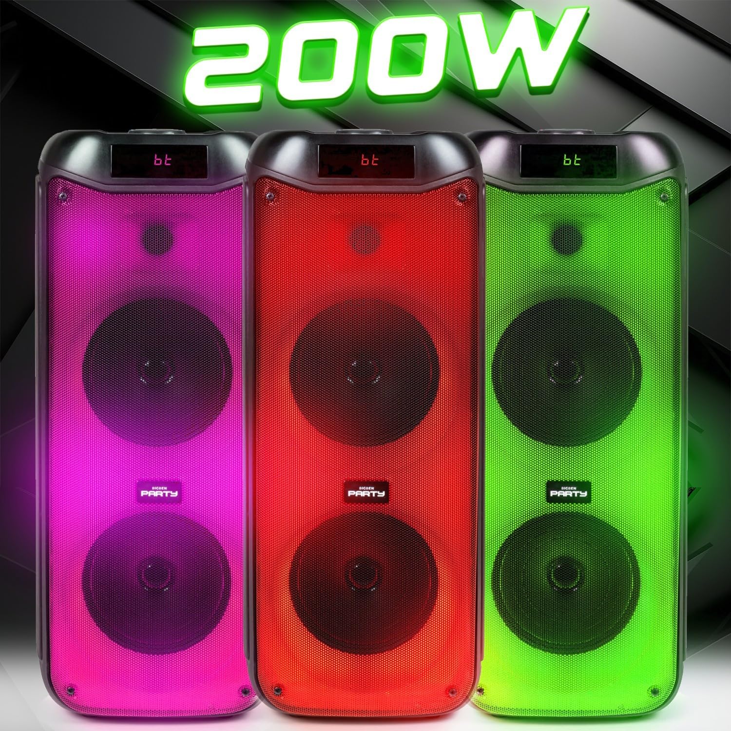 Enceinte Sono DJ Batterie BIG Ben PARTYBTHPL 200W Bluetooth/USB/AUX/Support Smartphone, Animation LED, Micro Karaoké, Ovni