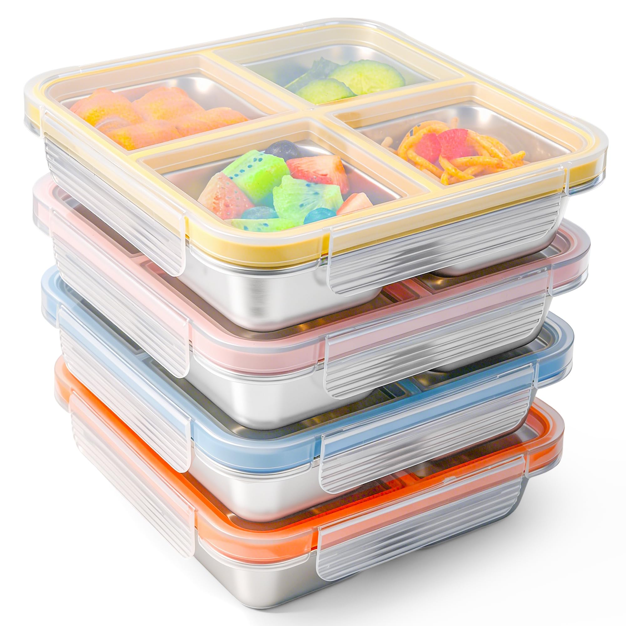 Photo 1 of clamder 4 Pack Stainless Steel Snack Containers with Lids, 4-Compartment Leakproof Bento Snack Boxes, Reusable Dishwasher Safe Food Storage Containers for Adults, Office, Travel & Meal Prep (4pack-a)