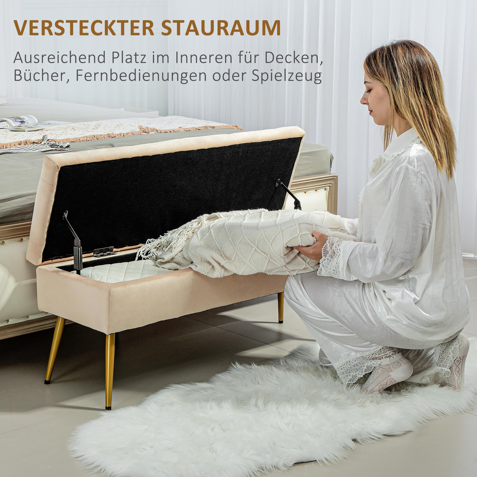 HOMCOM Banco almacenamiento tapa, terciopelo, 102x35x43cm, Beige | Banco tapizado, banco cama para pasillo, dormitorio, salón, marco metálico.