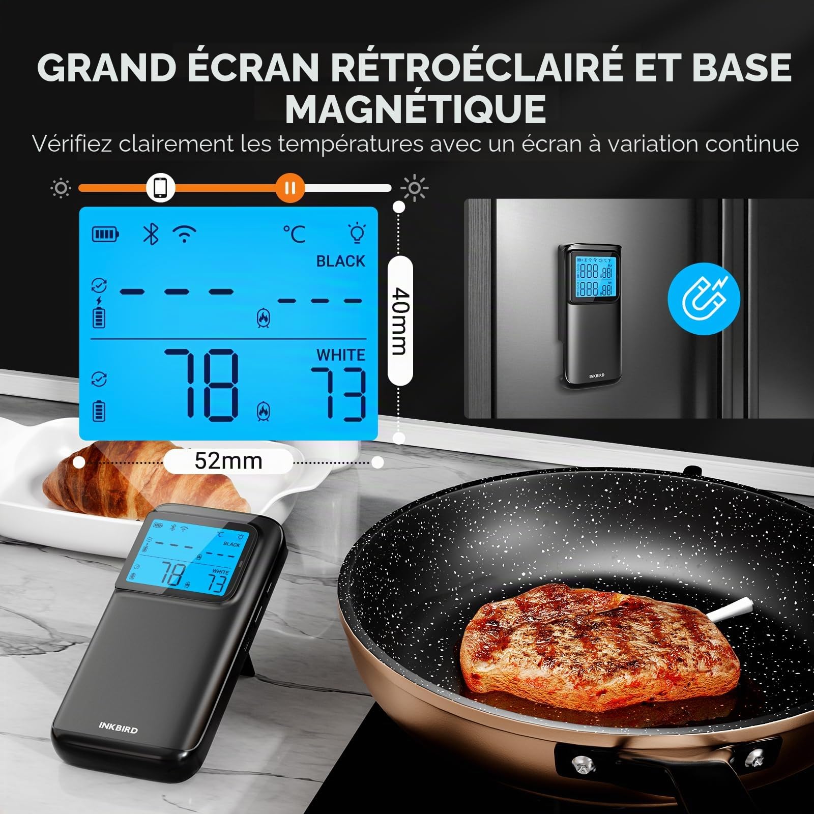 INKBIRD Thermomètre à viande double mode sans fil, connexion WiFi 5G et Bluetooth 5.4, 2 sondes avec 5 capteurs, alarme haute et basse température, pour barbecue, barbecue et cuisine