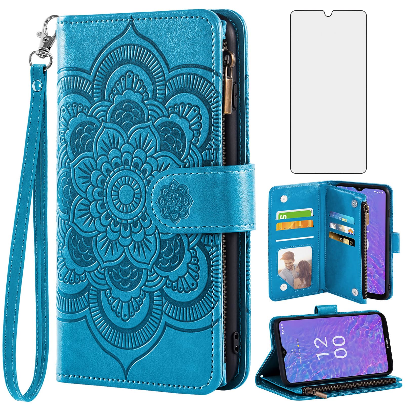 Asuwish Phone Case for Nokia C210 TA-1584 Wallet Cover with Tempered Glass Screen Protector and Flower Leather Flip Credit Card Holder Stand Folio Purse Lanyard Cell Accessories C 210 Women Men Blue