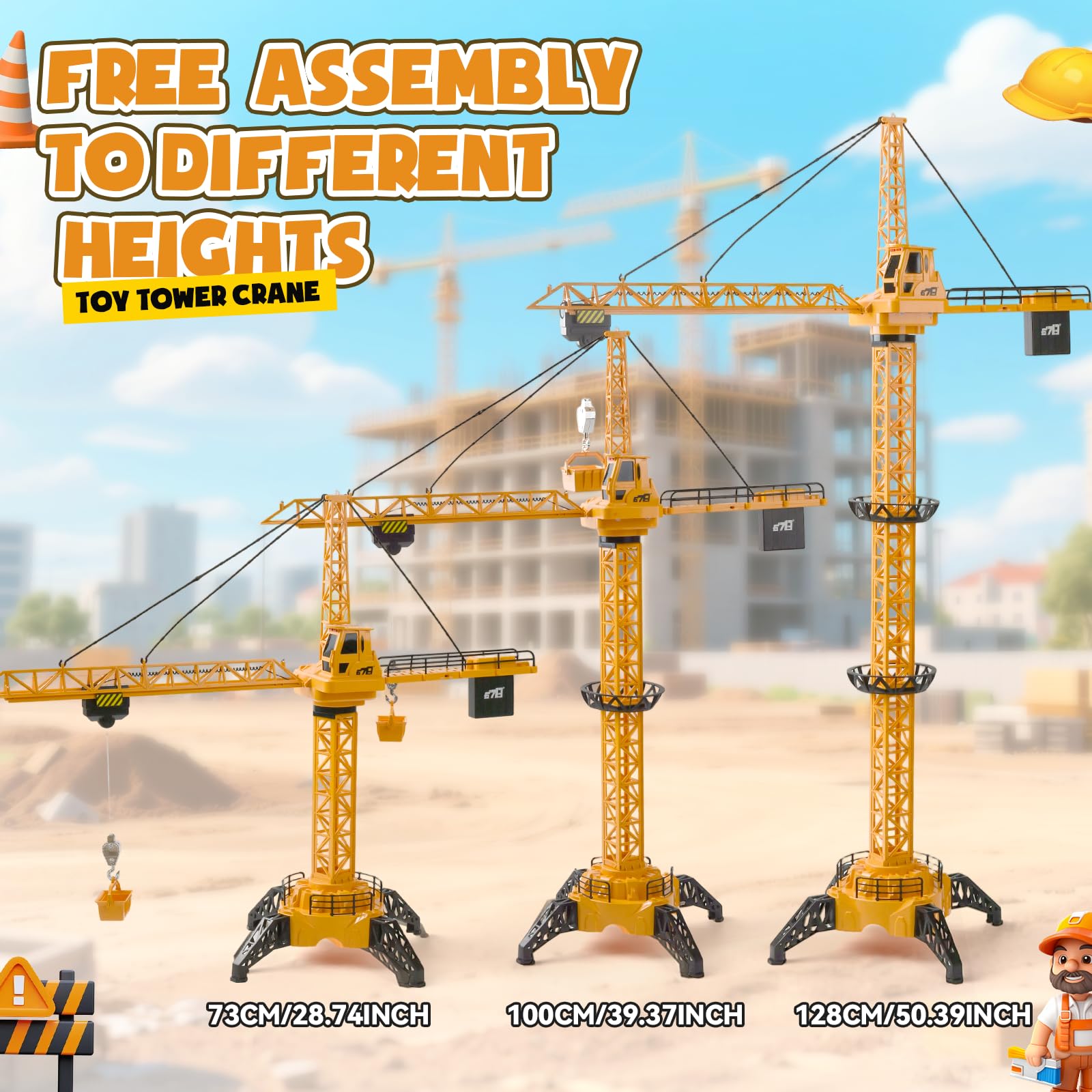Grúa Torre Teledirigida 128 cm RC, 6 Canales 2.4 GHz 680° Rotación, Grúa de Construcción con Luces y Sonido, Juguete para Niños 3+ Años