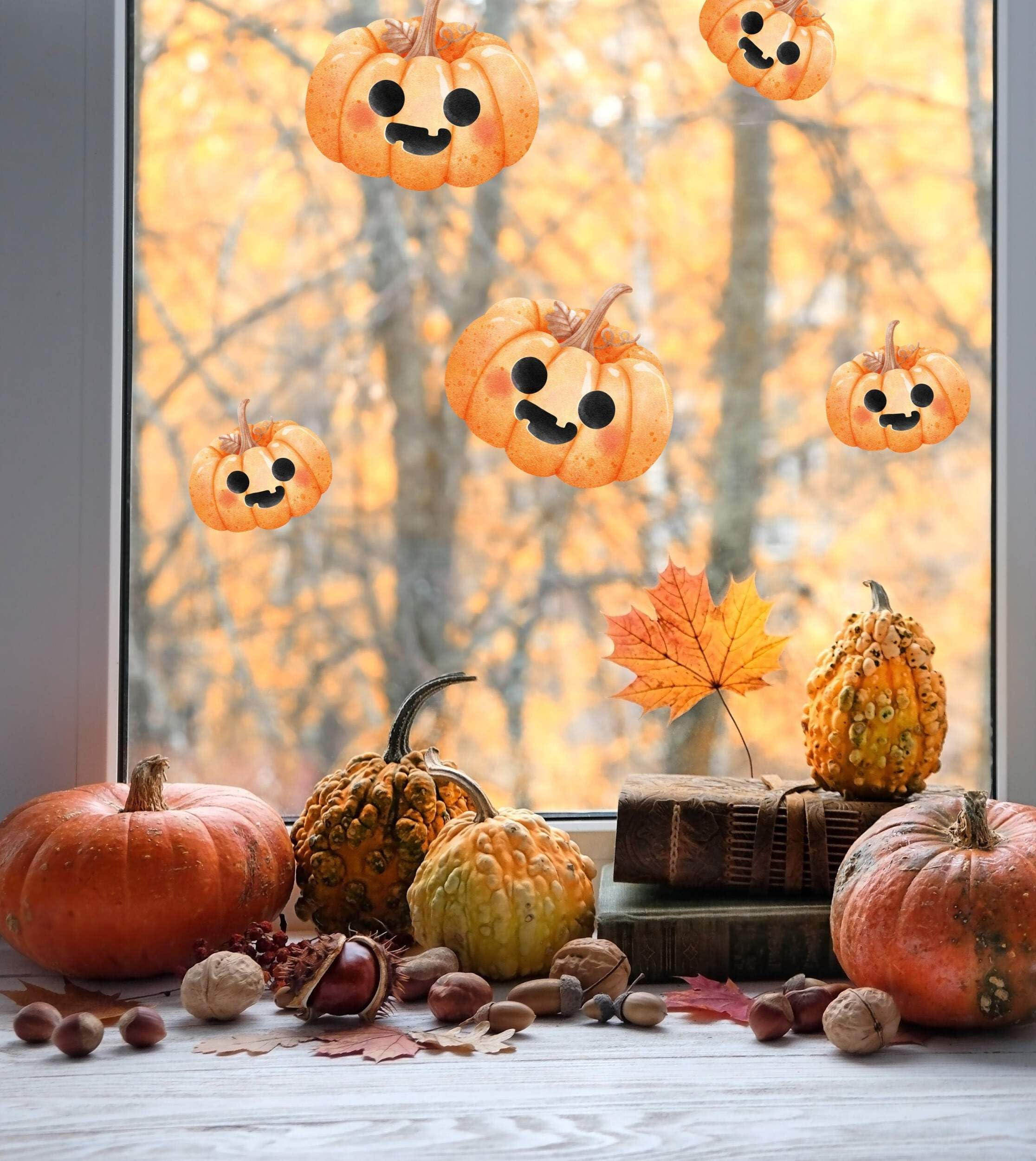 Quotemywall Orange Cute Pumpkins Halloween Window Stickers For Kids, Children's Halloween Window Decorations Home And Shop