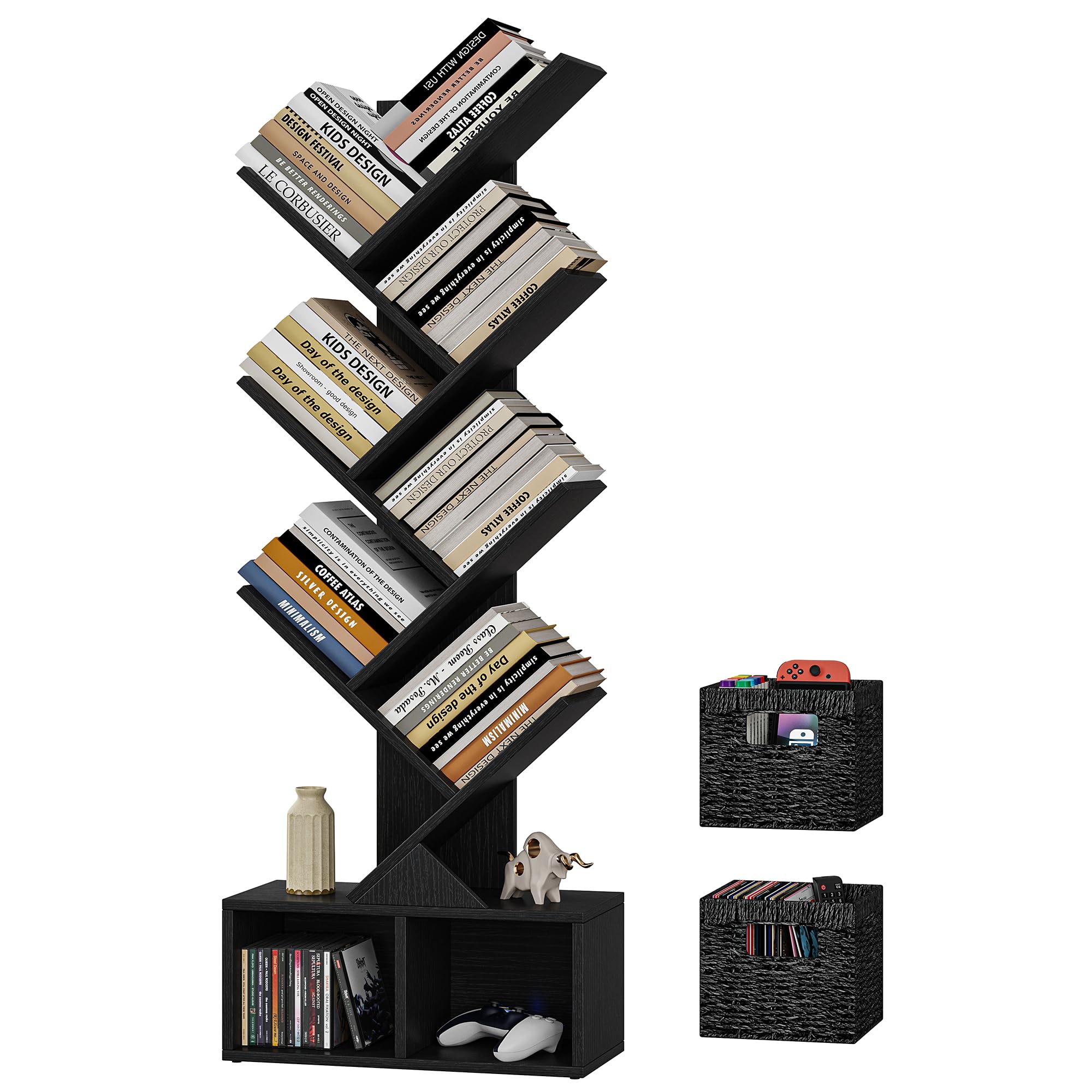 Vagusicc Tree Bookshelf, 6 Tier Bookshelf with Storage, Tall Narrow Bookcase, Rustic Wood Book Storage Rack for CDs/Books, Small Book Organizer Shelves for Bedroom, Living Room, Home Office, Black