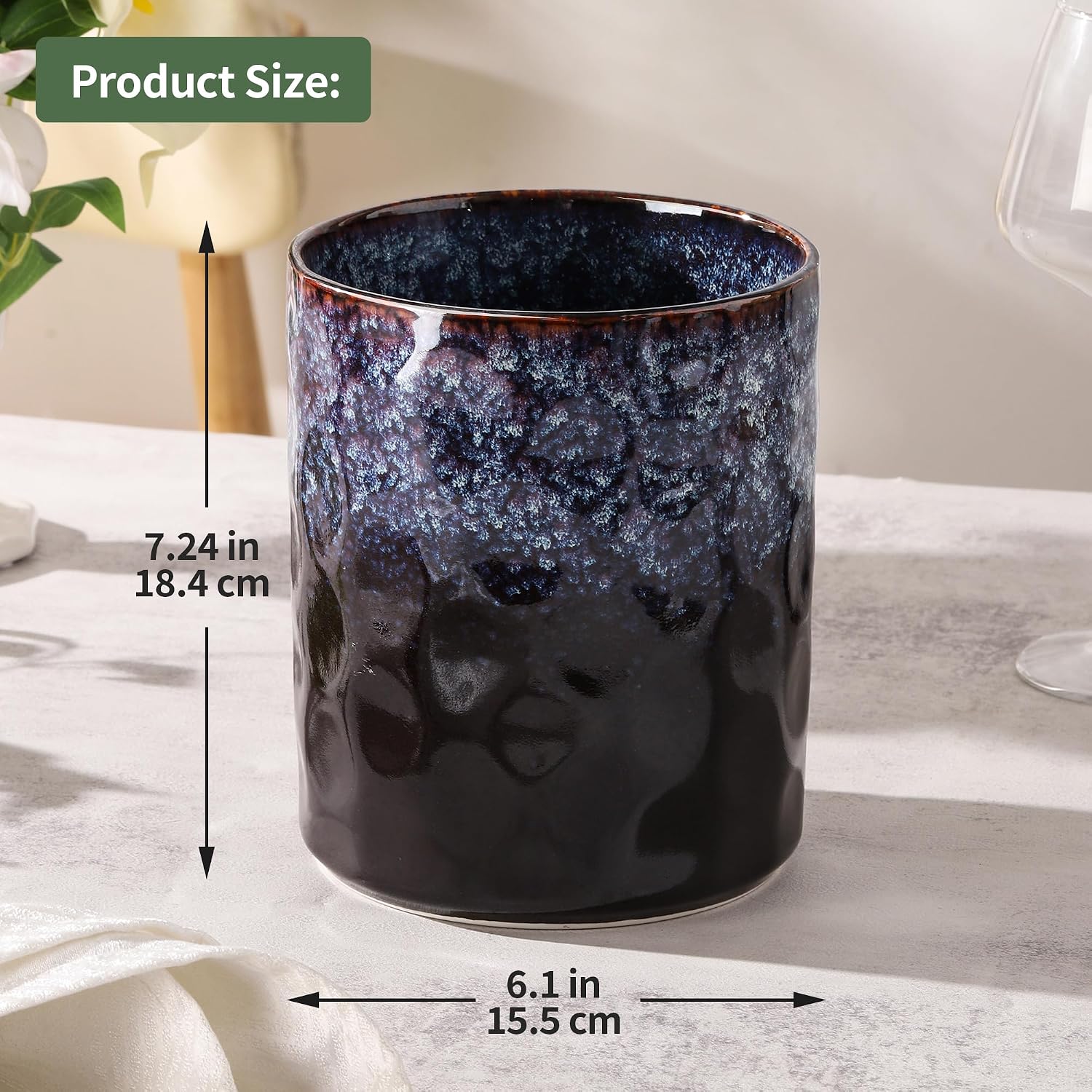 Ceramic Utensil Holder, Large 7.3" Ceramic Kitchen Utensil Crock,Handmade Fambe Reactive Cooking Utensil Organizer Modern Anti-Slipped Kitchen Decor for Spatula & Ladles, Reactive Glaze Spot